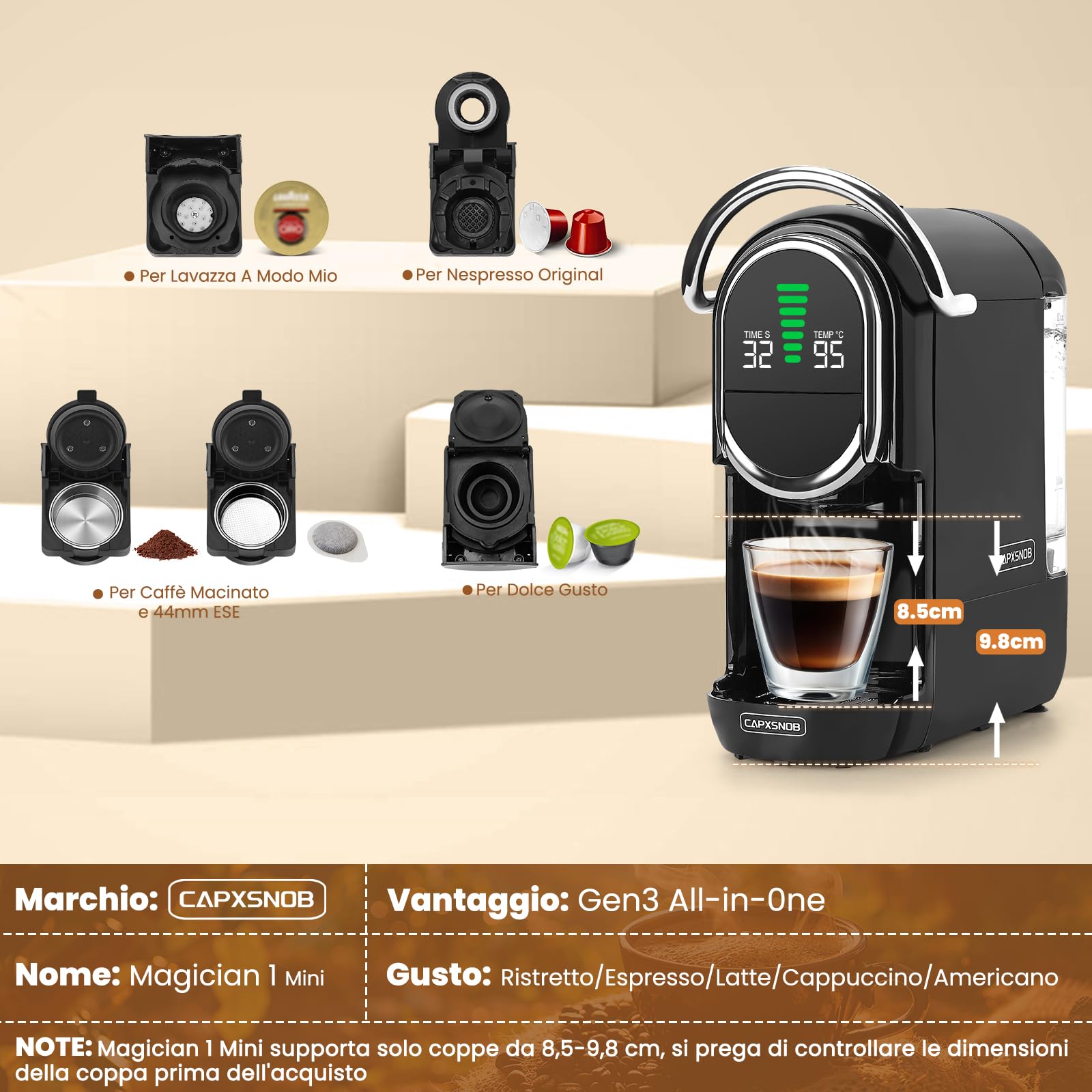 Magician1 Mini Macchina da Caffè Cialde 5in1 per Nespresso Originali, Dolce Gusto, Lavazza A Modo Mio, ESE 44 Cialde e Caffè Macinato, 20 Bar, 1450W, Display LED, Acqua Regolabili 7 Livelli