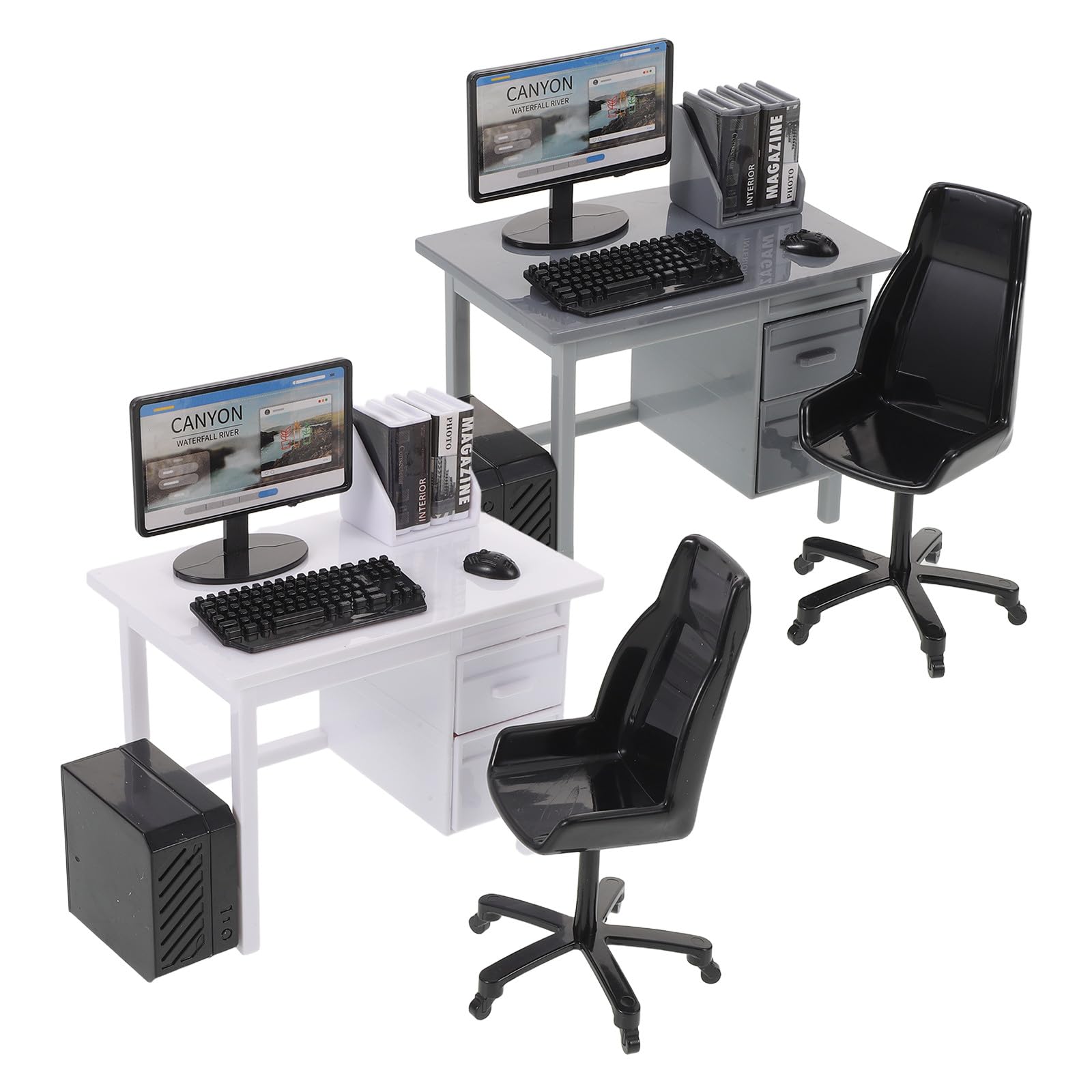 Balacoo Set di 2 set di scrivania per computer in miniatura, scala 1:12 | Accessori per mobili per casa delle bambole con computer, tavolo, sedia, tastiera, mouse, monitor libri, CPU