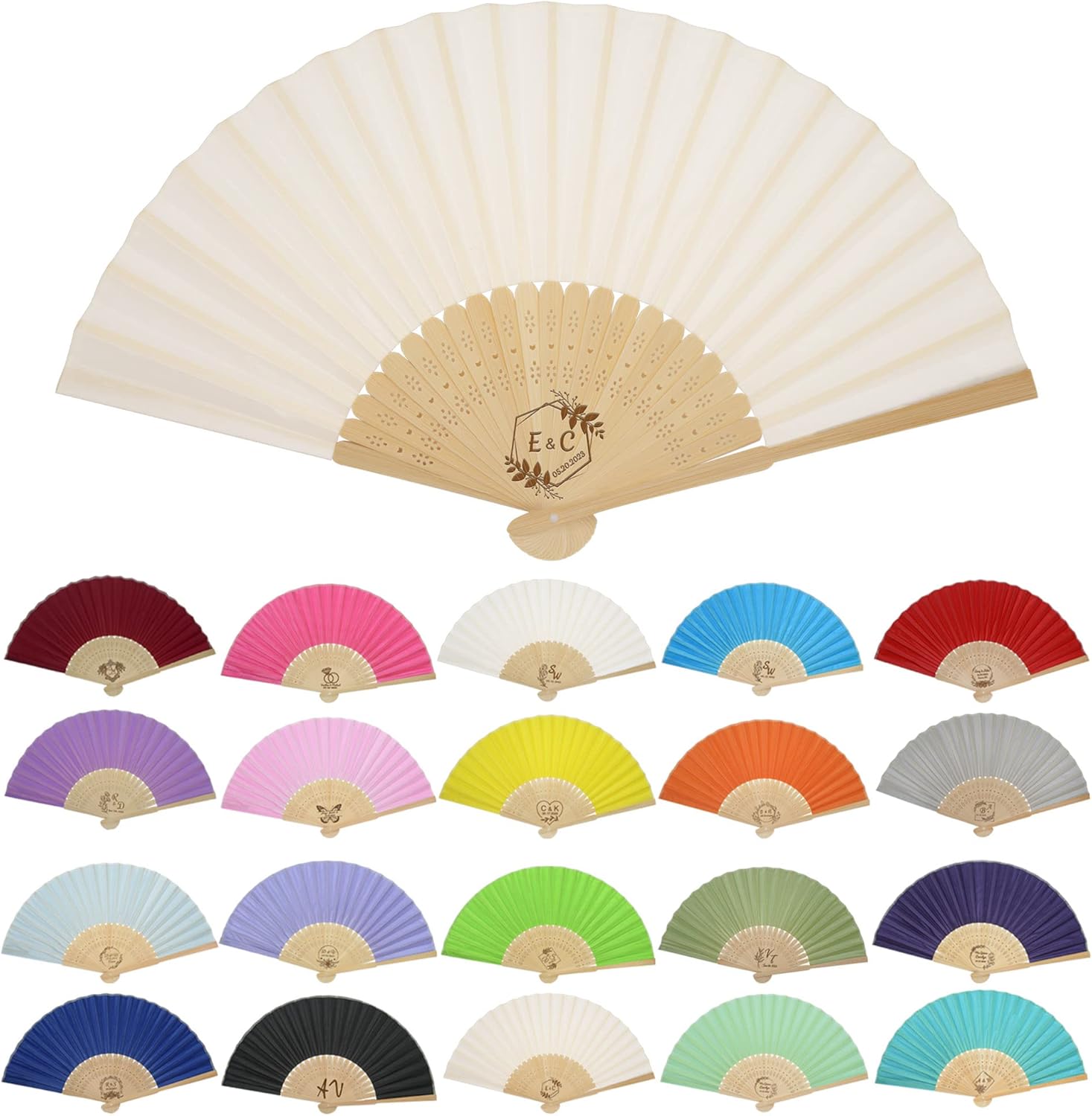 GZLDGIFTS 50PC Personized Customized Hand Fans Gifts for Wedding Party Favors Guests Custom Fabric Hand Silk Garden Wedding Folding Hand Fans Bulk Bridesmaid Birthday Bachelor Party Fans (Beige)