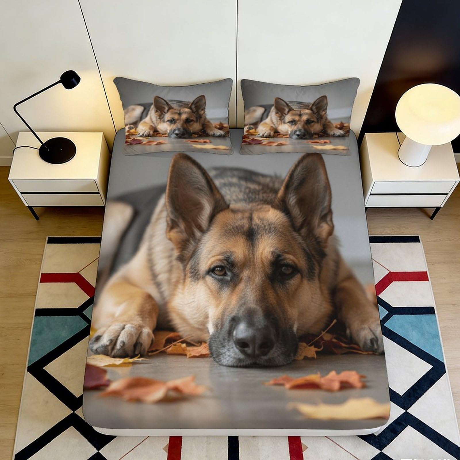 3D Printed German Shepherd Dog Fitted Sheet Microfiber Soft Grey Animal Mattress Cover Slip Resistant Washable for Bedroom Guestroom 90x200x25cm