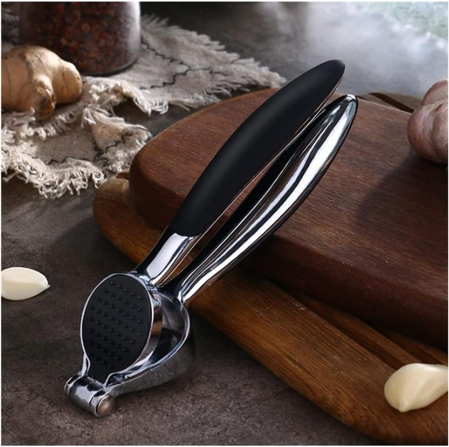 Knoblauchpresse, Ingwerpresse Zerkleinerer, Schwerer Edelstahl Knoblauchpresse Ingwerreiben Gemüsepresse, Keine Fliegenden Stücke, Saftpresse für Küche, Schwarz, 17,5 * 5cm