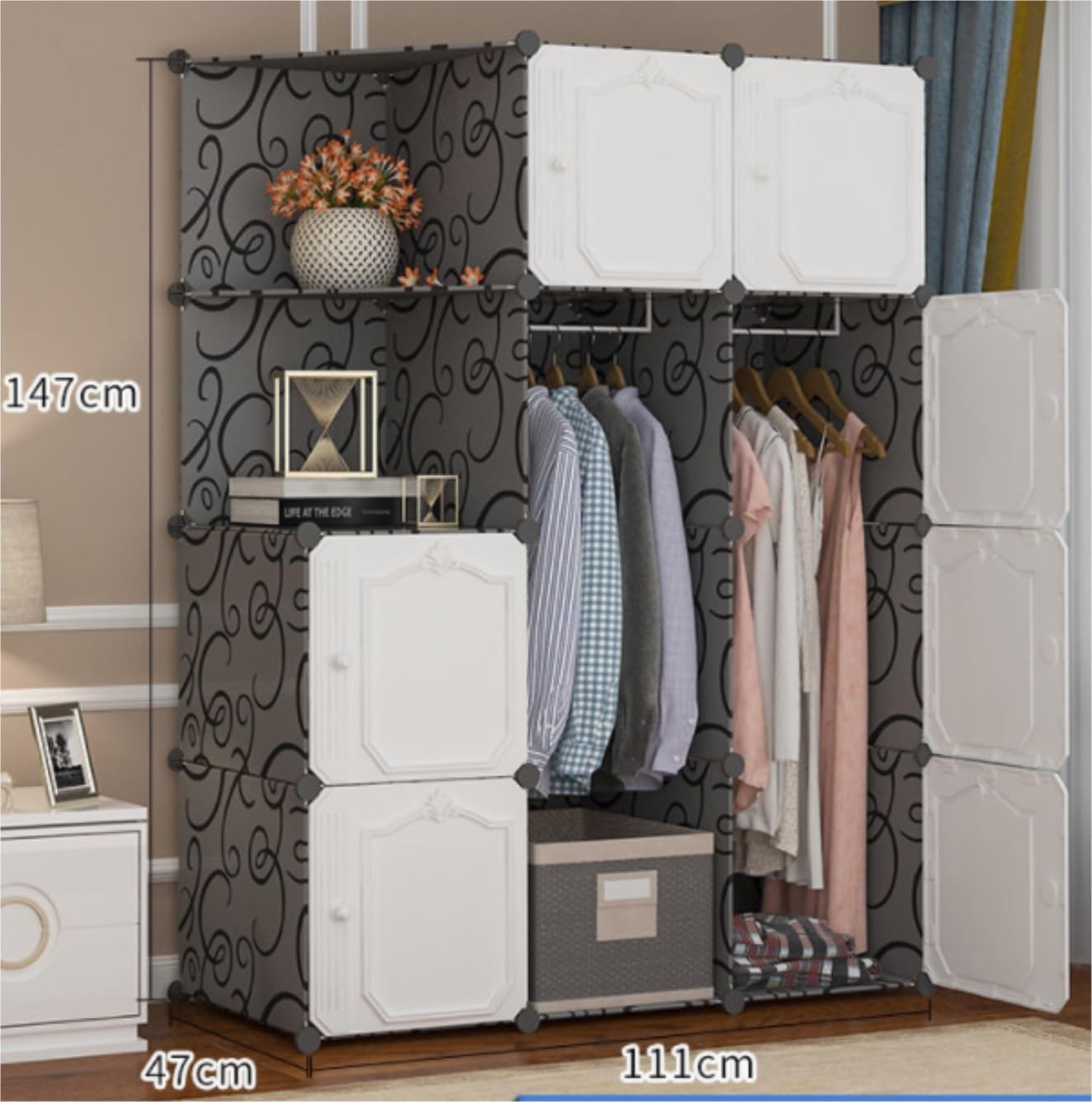 Bedroom Closet, Combination Wardrobe Cube Storage Plastic Withdoor Shelves Corner Clothes Bedroom Home Armoire Wardrobe(White,111X47X165CM)
