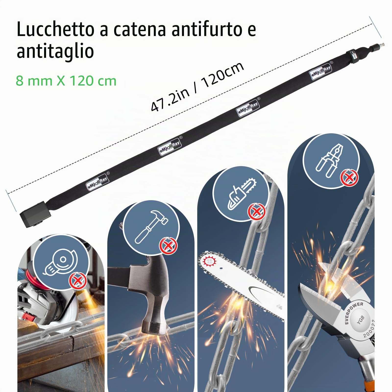 Antifurto per Bici, Allarme Catena, Lucchetto per Bici 110dB, Sicurezza 8mm x 1,2m, Catena con Chiave e Telecomando, Lucchetto per E-Bike, Scooter, Bici in Acciaio Resistente Ricaricabile