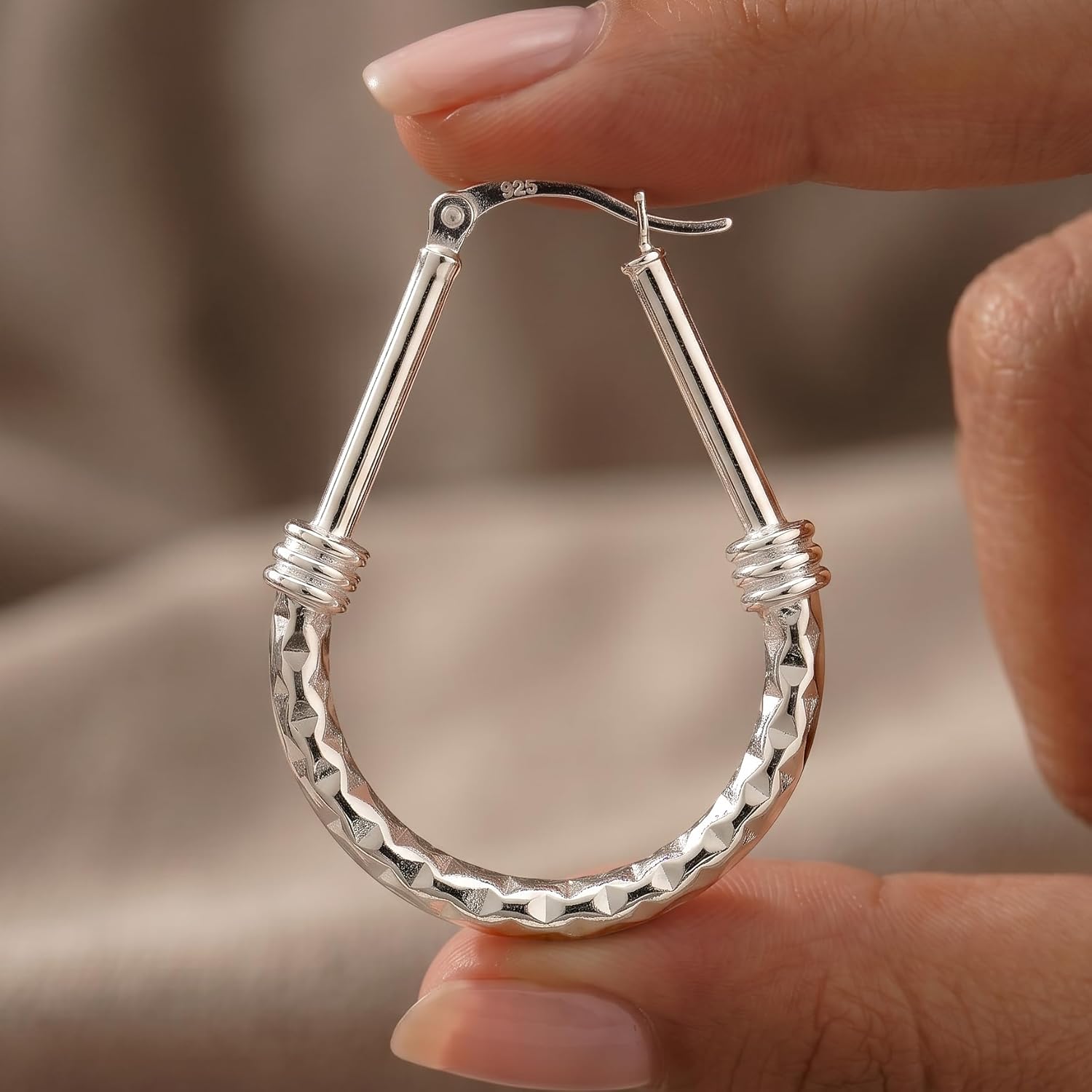LeCalla 925 Sterling Silver Hoop Earrings for Women | Italian Design Classic Diamond-Cut Textured Hoops Earring | Women's Oval Drop Shape Silver Earring Jewelry