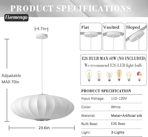 Miniatura 4 de Lámpara colgante grande de 23.6 pulgadas, pantalla de seda sintética blanca, lámpara colgante de burbujas, lámpara colgante simple para sala de