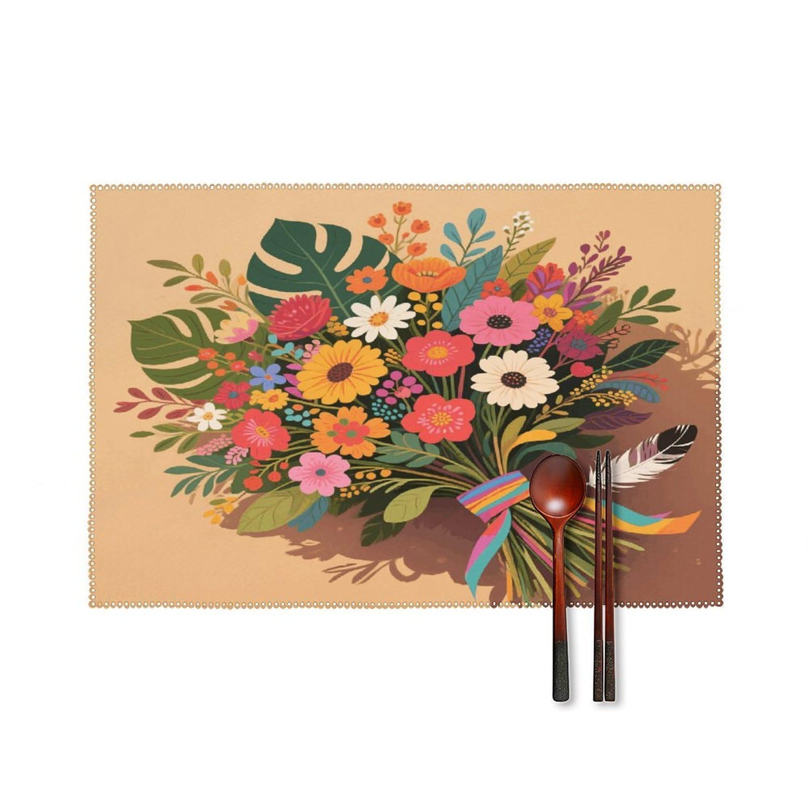 Boho Leaf Floral Placemats Set of 4 Heat Resistant Non-Slip Place Mats for Dining Table Washable Placemat Wipeable Dining Table Mat Canvas Place Mats Dining Table Decor