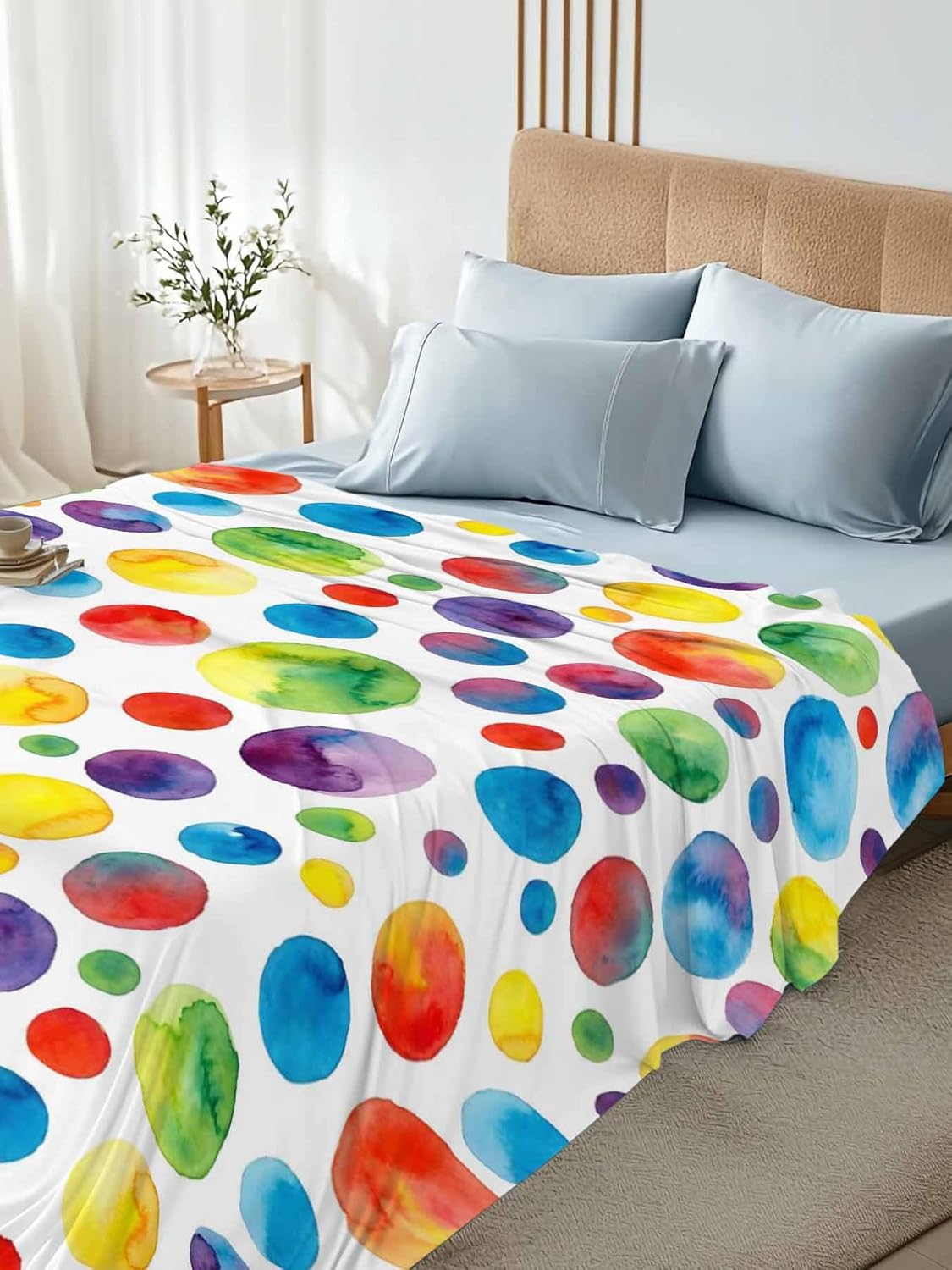Top Sheet Full Bedding Flat Sheet Only, Seamless Colorful Polka Dots Microfiber Bed Sheets Soft Breathable Bedding Flat Sheets, Watercolor Circle on White Hotel Luxury Top Sheets