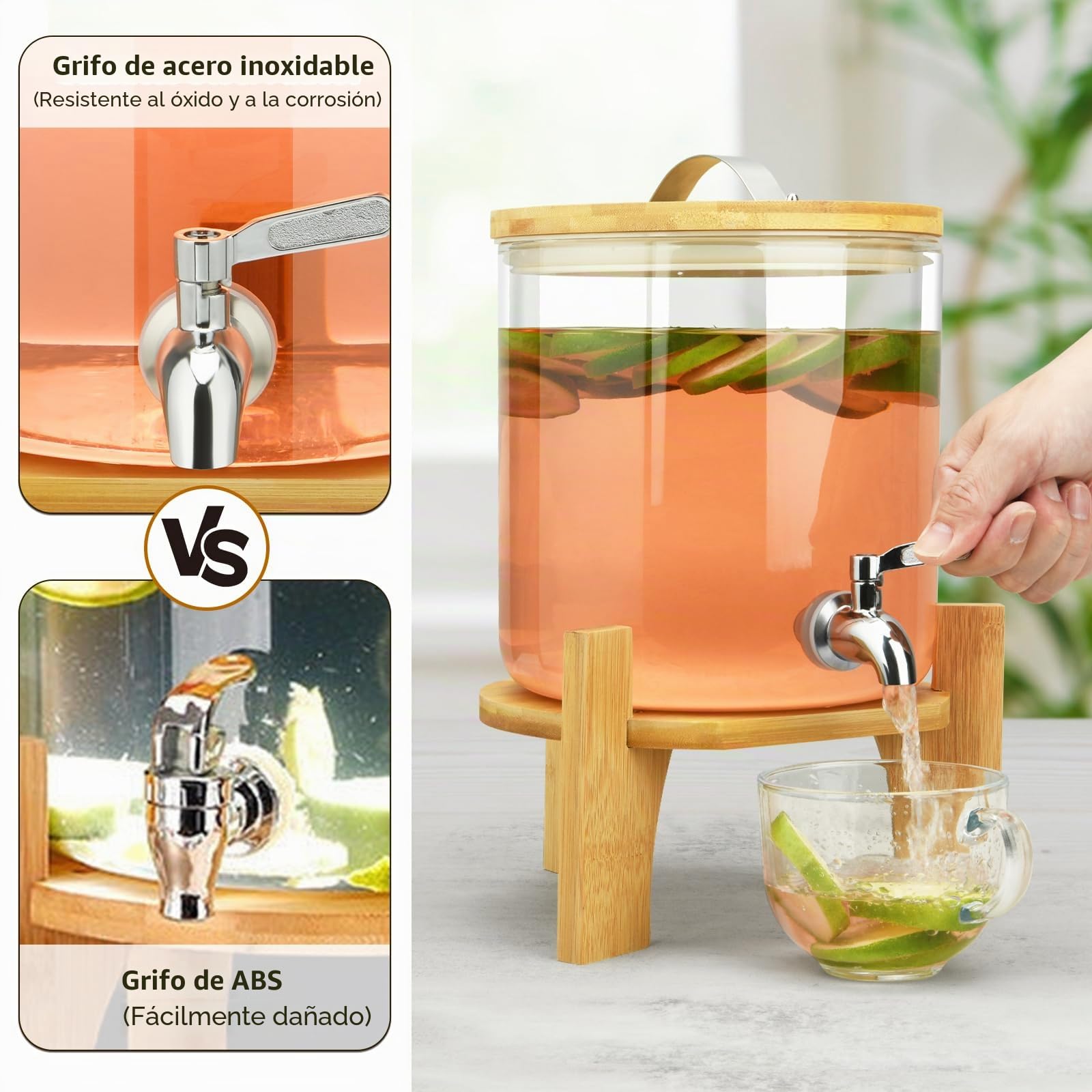 Hisredsun Dispensador de bebidas heladas o calientes de 5 litros con grifo de acero inoxidable | Apto para lavavajillas e incluye soporte de bambú, vidrio de borosilicato grueso que soporta -20 °C a 150 °C