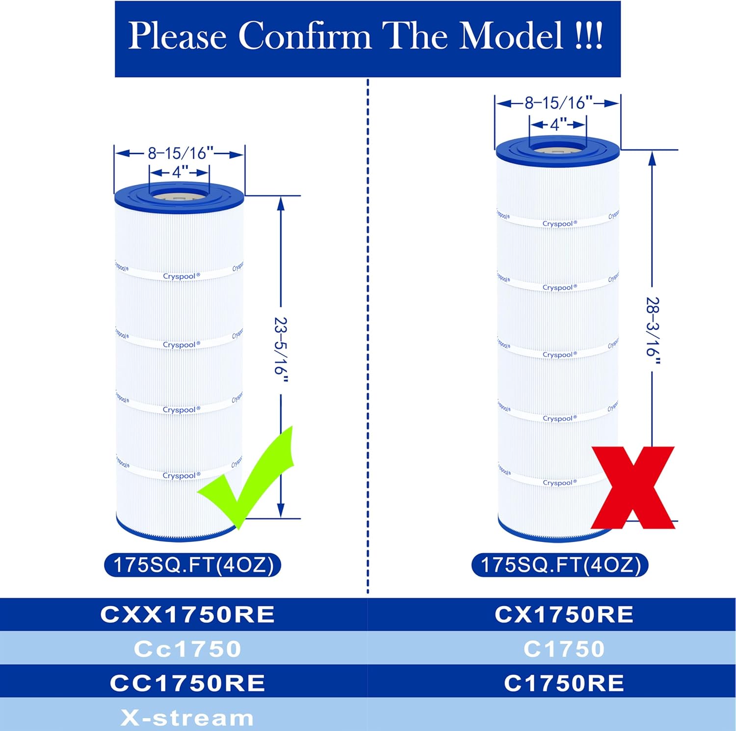 Cryspool® 08051 Filter Compatible with XStream CC1750, CCX1750RE, PXST175, C-8317, FC-1301, 175 Sq. Ft Pool Filter Cartridge, 1 Pack