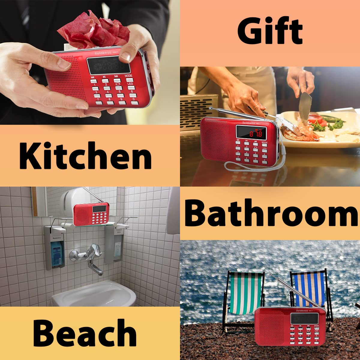 Retekess PR11 Mini Radio Portatile, Radio FM AM, con Altoparlanti, Display LCD, Batteria Ricaricabile, Radiolina Tascabile Supporta unità USB, Scheda TF, AUX (Rosso)