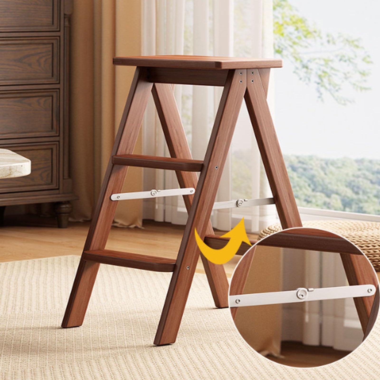 Chaise échelle pliante 2 en 1 en bois massif – Marchepied peu encombrant pour cuisine et bibliothèque, design portable vert foncé pour adultes, polyvalent et élégant à la maison
