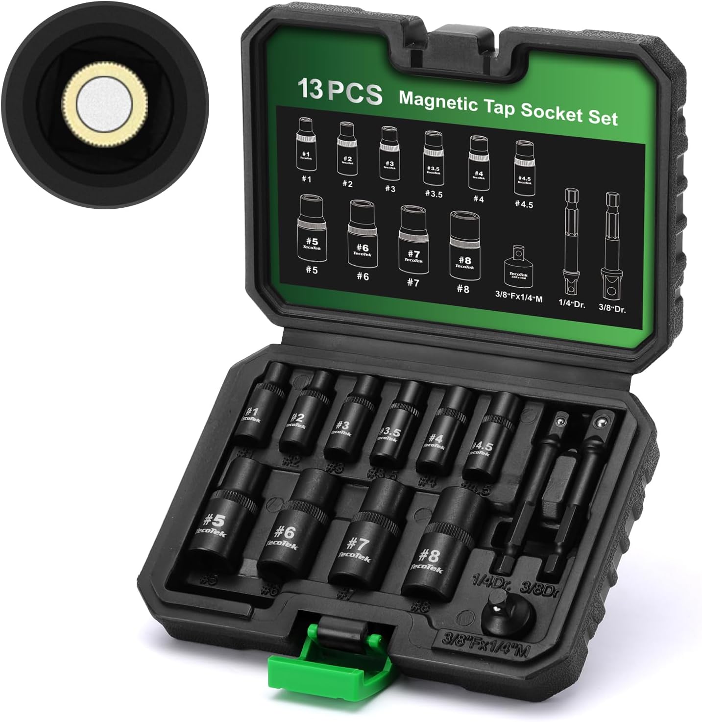 TecoTek 13PCS Magnetic Tap Socket Set, 1/4" & 3/8" Drive Square Drive Tap Handle Tool, Square Socket Set for Fractional MCTI Standard Tap Thru 1/2" & 1/8" NPT Taps