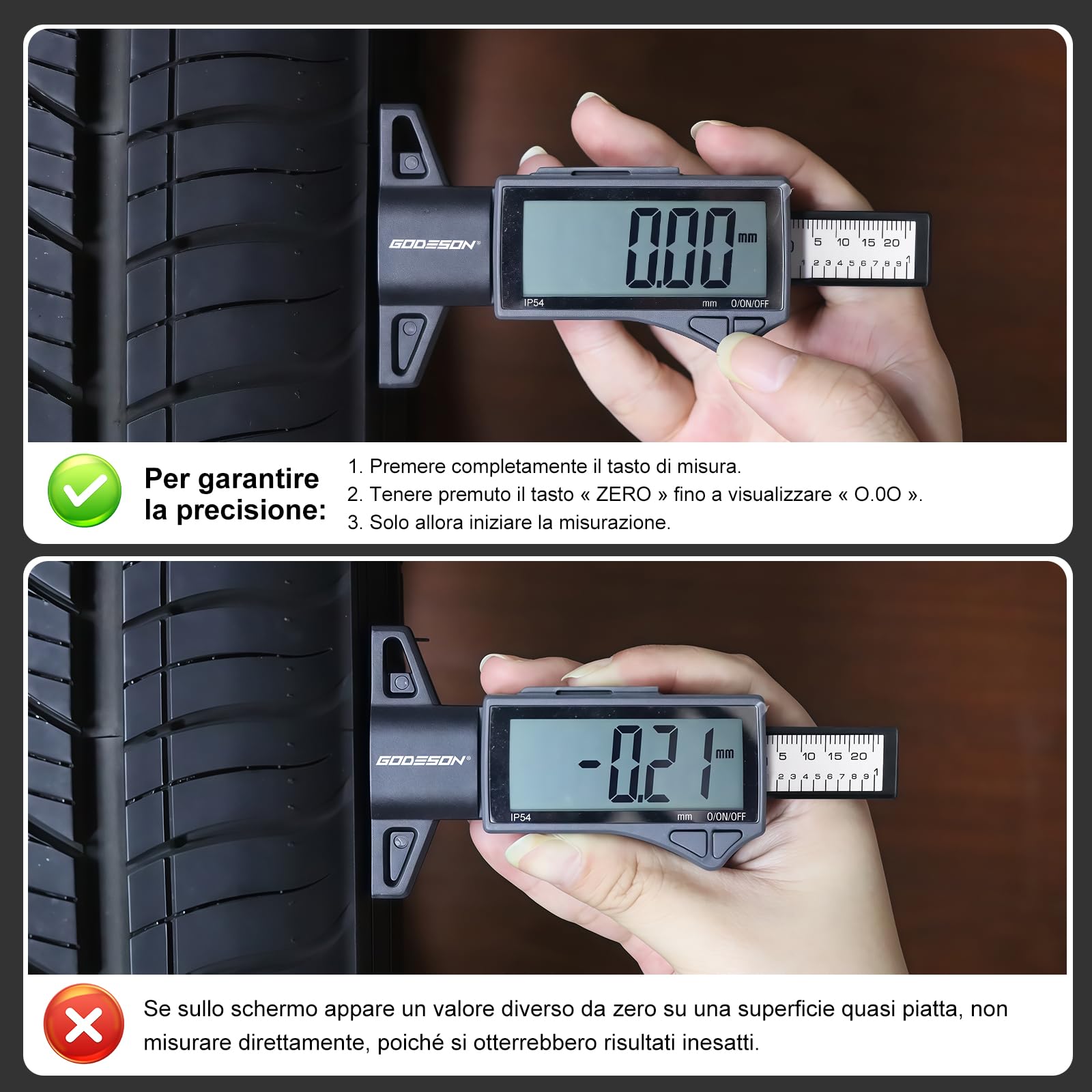 GODESON Spessimetro per Pneumatici Digitale, Intervallo 0-25,4mm/1 Pollici, Impermeabile IP54 Misuratore di Profondità con Ampio Display LCD, per Auto, Moto e Vans