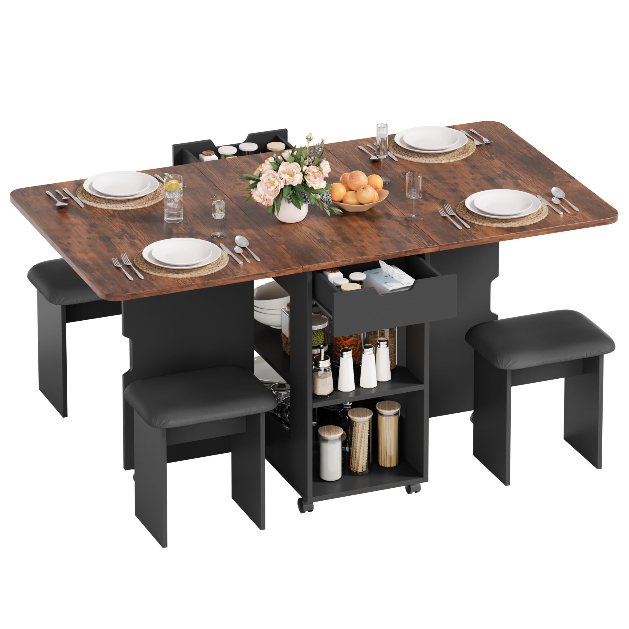 Mondeer Ensemble Table à Manger Pliable 140 cm avec 4 Chaises Rembourrés, Ensemble Table avec 2 Tiroirs et 2 Etagères de Rangement, pour Petits Espaces Cuisine Salle à Manger (Marron et Noir)