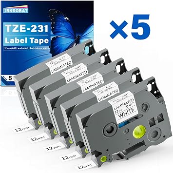 TZE-231 Label Maker Tape 12mm 0.47 Laminated Black on White Replacement for TZ TZE TZE231 1/2" x 8m Tape Cassette for Ptouch PT-D220 PTD220 D220 PT-D210 PTD210 PT-H110 PT-D200 PT-D400 D410 5 Packs