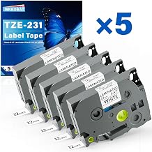 TZE-231 Label Maker Tape 12mm 0.47 Laminated Black on White Replacement for TZ TZE TZE231 1/2" x 8m Tape Cassette for Ptouch PT-D220 PTD220 D220 PT-D210 PTD210 PT-H110 PT-D200 PT-D400 D410 5 Packs