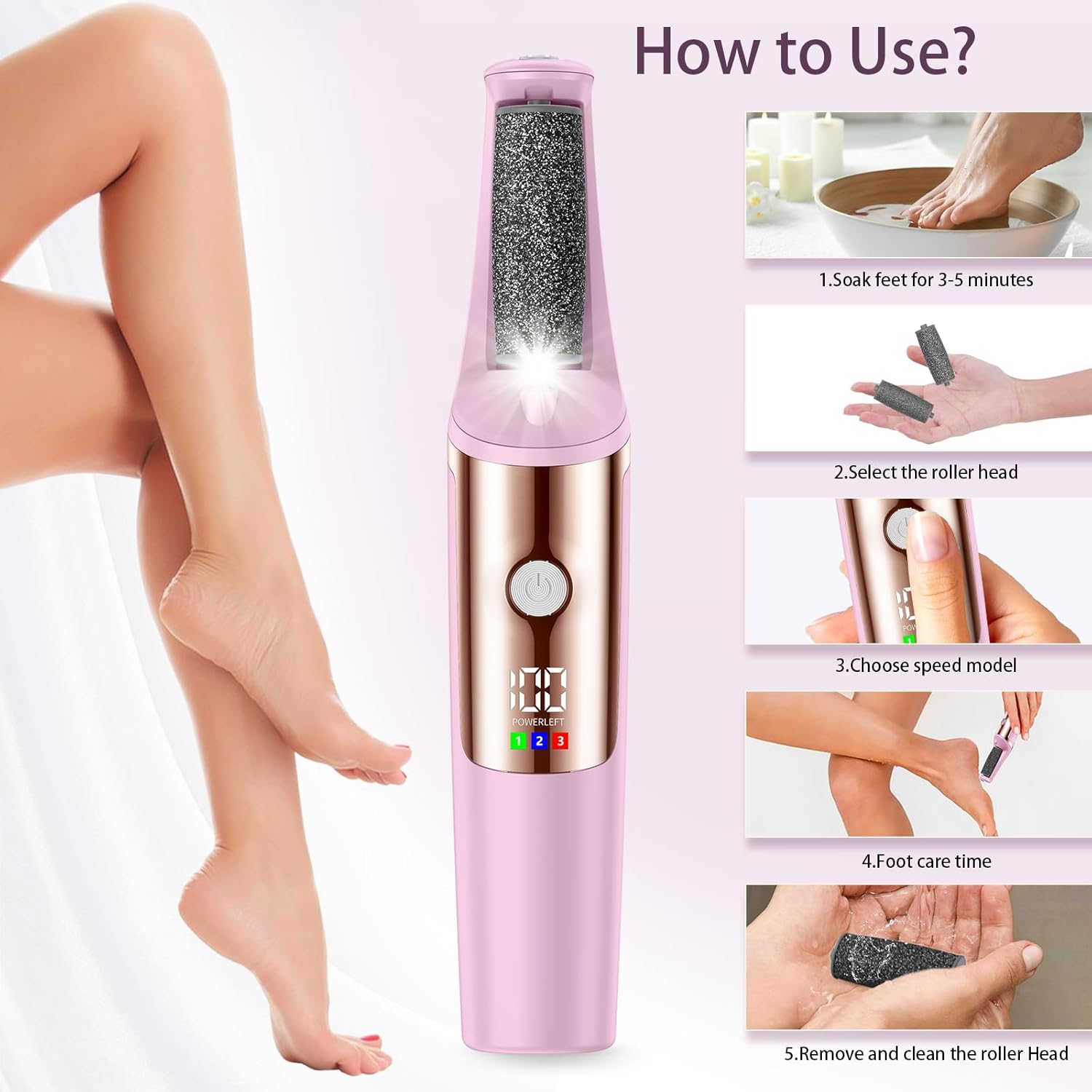 Callus Remover for Feet Rechargeable, Smooth Pedicure Wand Electric Foot File, Professional Pedicure Tools Kits Foot Scrubber for Smoother Feet Ideal Gift, Pedicure Kit Feet Care for Dead Dry Skin - Image 5