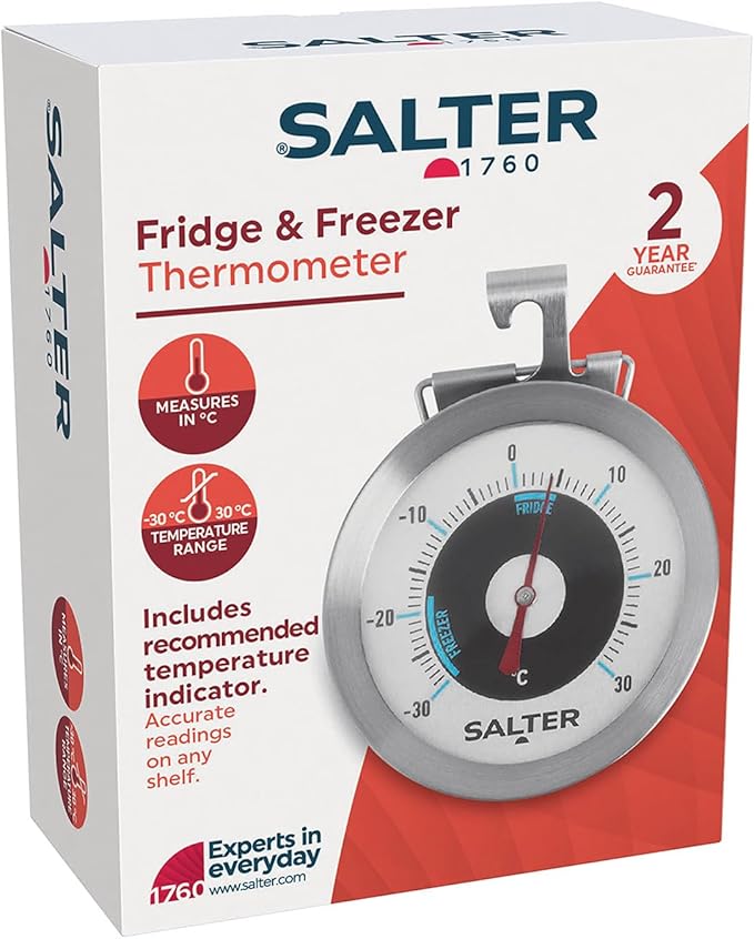 Salter 517 SSCR Fridge Thermometer – Stainless Steel Large Dial Temperature Gauge, Waterproof Freezer Thermometer, Easy Read, Hang Up Or Stand, Temp. Range -30 To 30°C, Safe Food Zones Markers