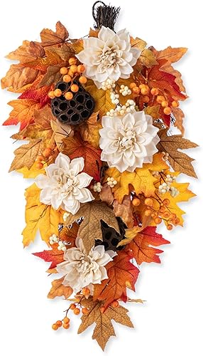 Glitzhome Lazos de lágrima de otoño para puerta delantera, 28 pulgadas de alto, con loto, vaina de loto y bayas, festones de otoño para puerta