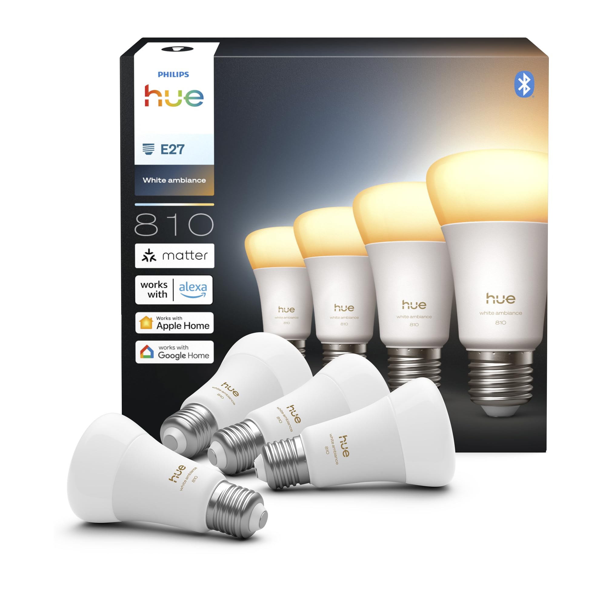 Philips Hue White Smart Led A60 Bulb, Ambiance, E27 Base, 6W, Full Spectrum Light 1000K-20000K, 810 Lumens, Dimmable, Works With Alexa, Google Assistant, And Apple Home, 4 Pack