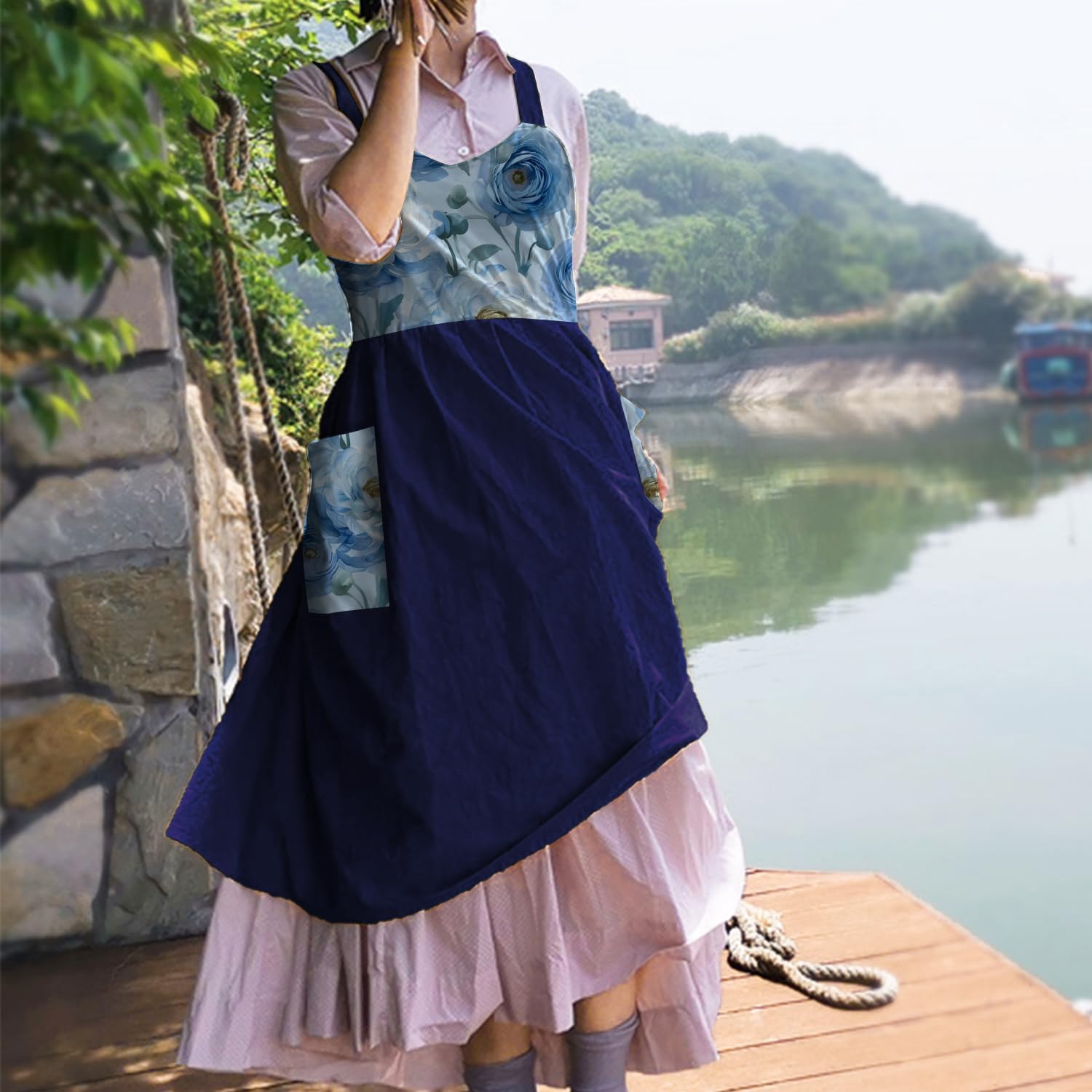 Uaussi Cotton Linen Apron Cross Back Work Apron for Women with Pockets Pinafore Dress X Cross Halter Apron for Chef Gardening - Image 4