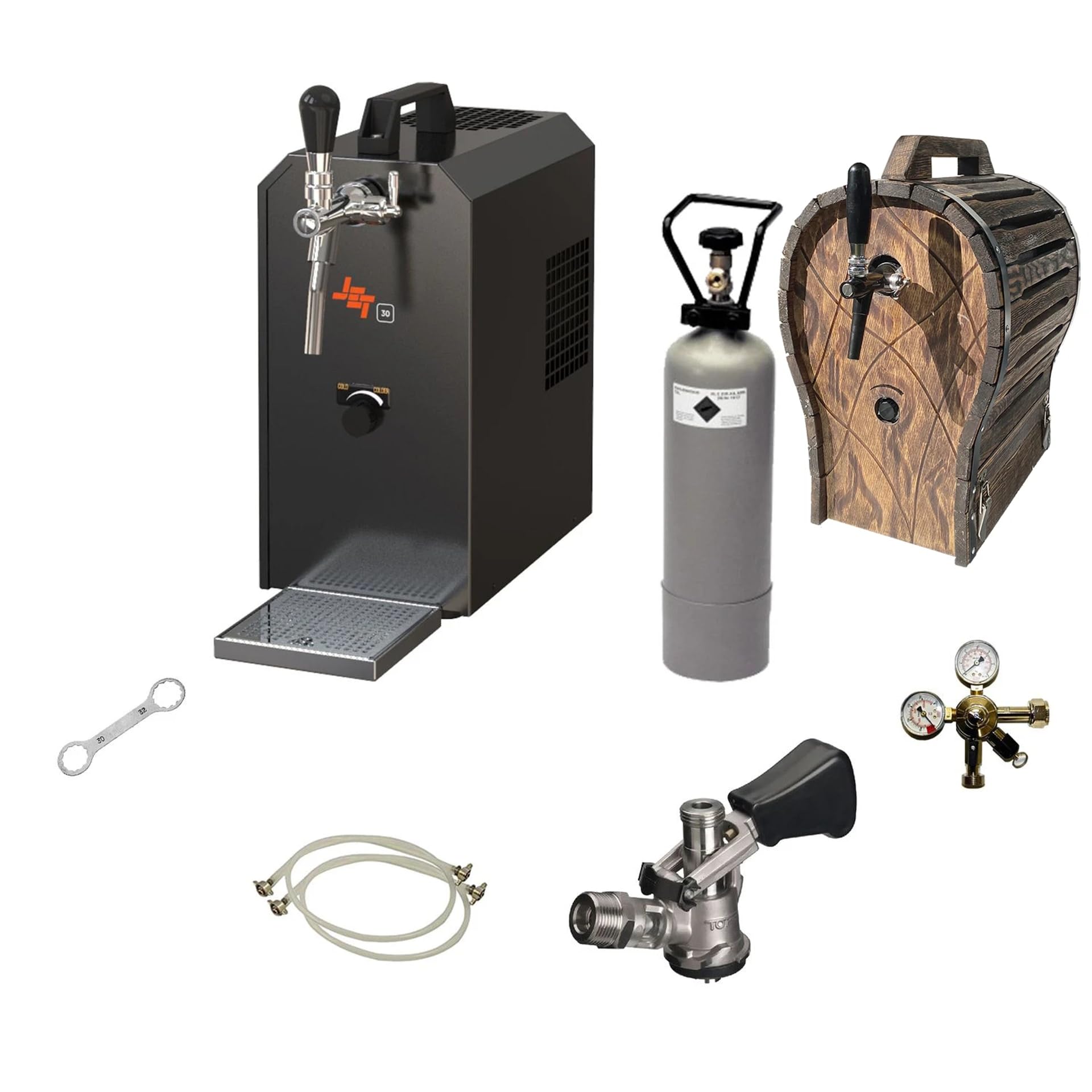 Kit Completo Sistema dispensación Cerveza Jet 30, maletín Enfriador Flujo Continuo 1 vía, seco hasta 35 l/h, sin Barril, con Madera
