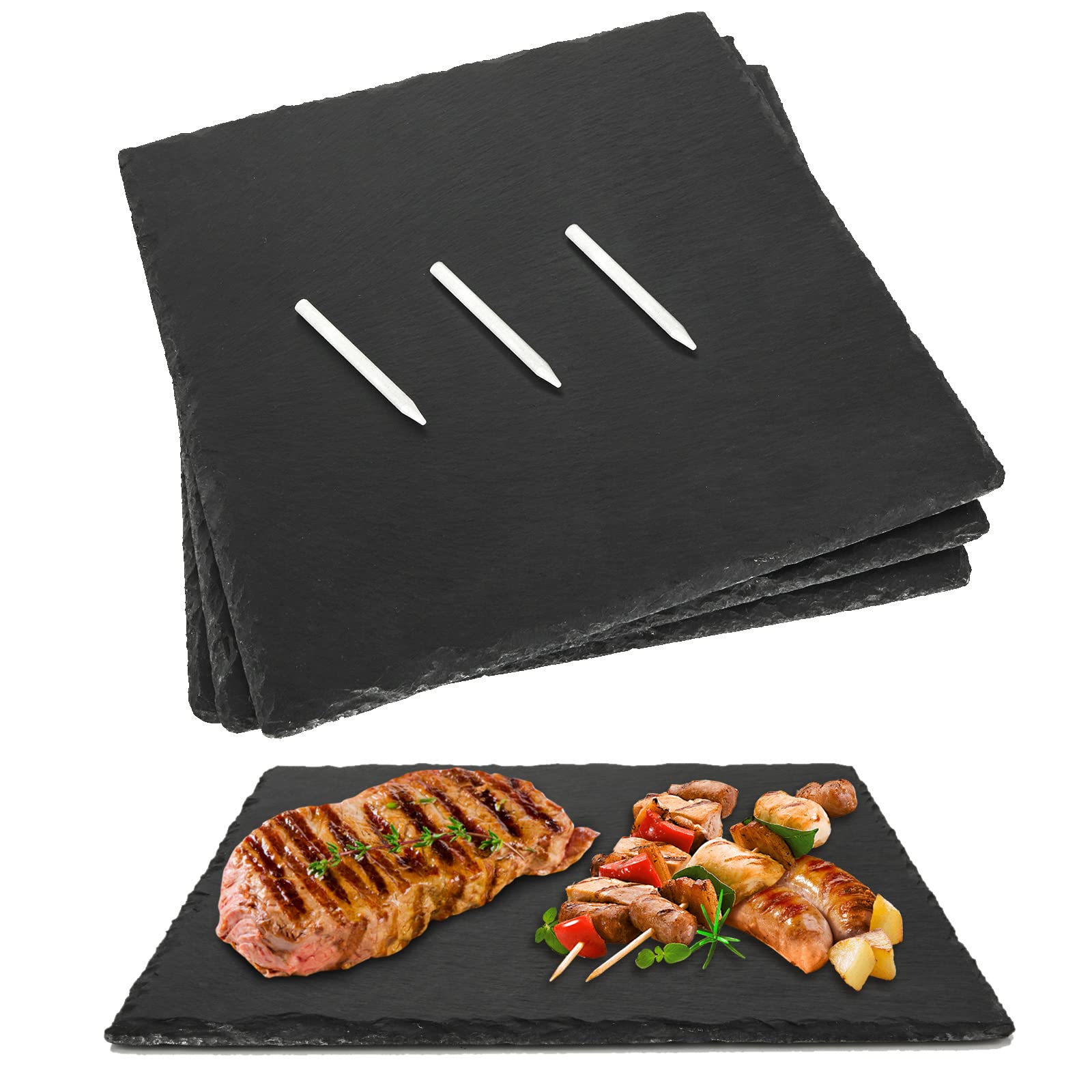 3PCS 12x12 Inch Large Slate Cheese Board with 3PCS Soapstone Chalks, Black Charcuterie Cutting Board Plates, Natural Stone Gourmet Serving Platter Tray for Cheese Sushi Pastry Bread Snack Meat Pastry
