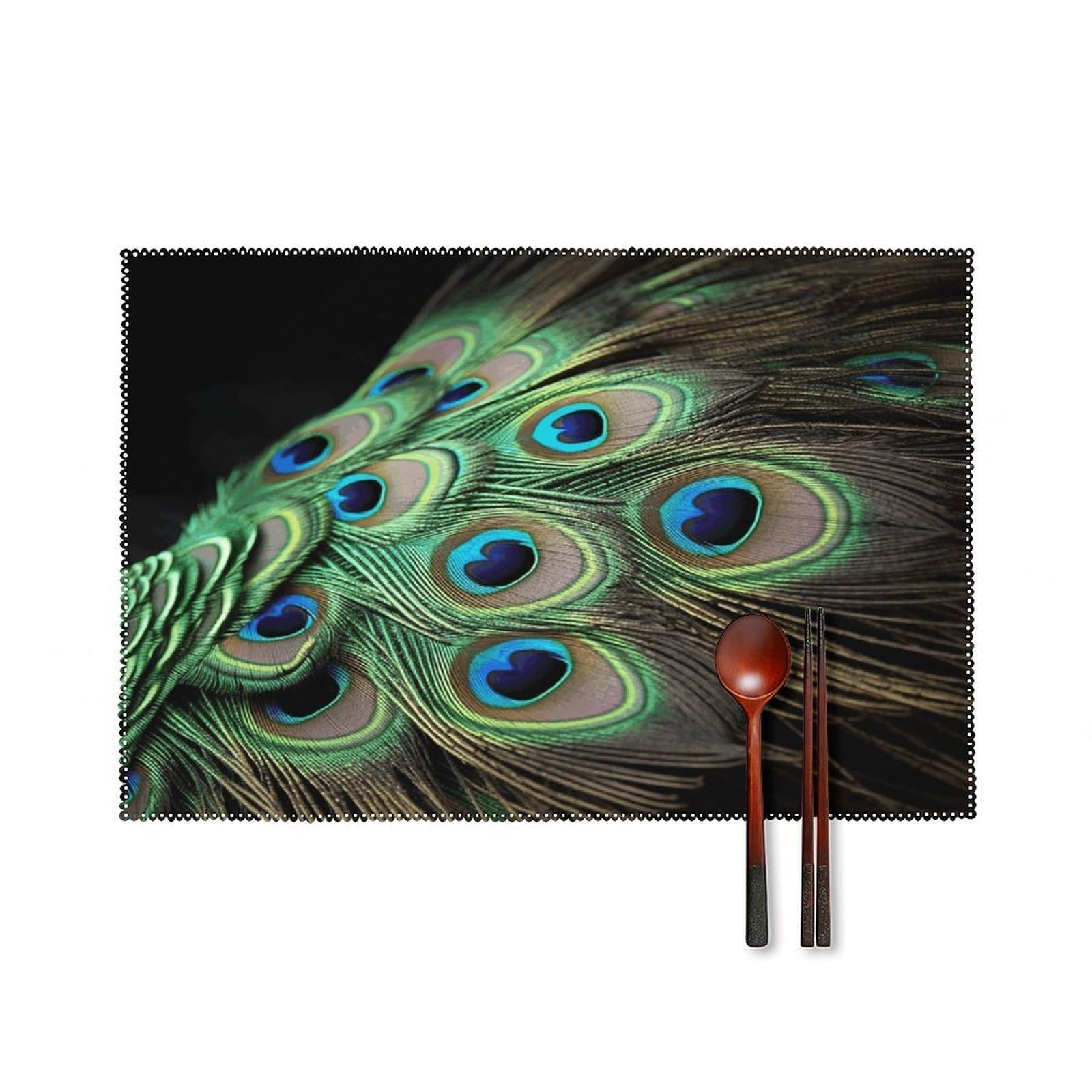 Green Peacock Feather Placemats Set of 4 Heat Resistant Non-Slip Place Mats Reusable Dining Table Mats Canvas Place Mat Anti-Fading Waterproof Placemats for Dining Table Decor