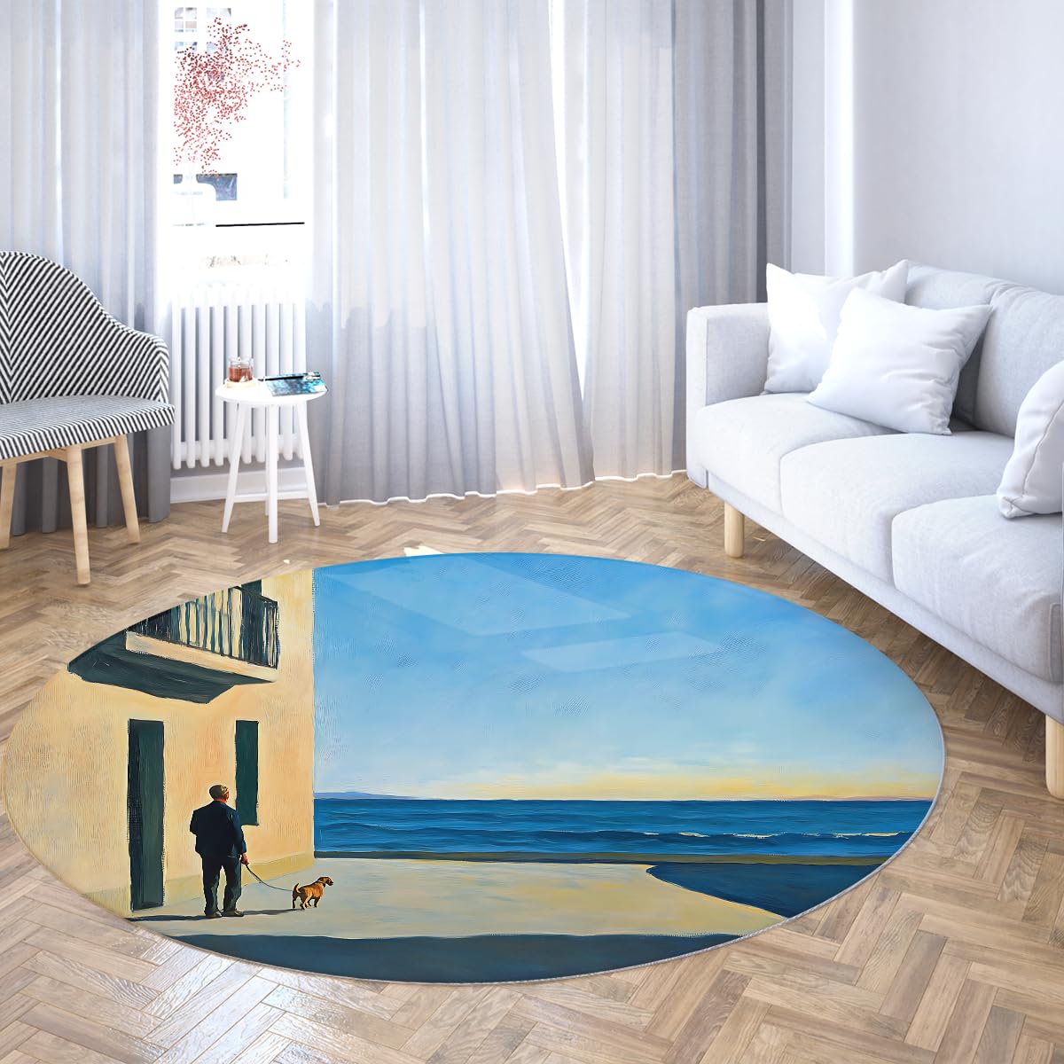 Tapis rond antidérapant 240cm bleu Ocean Coastal pour salon