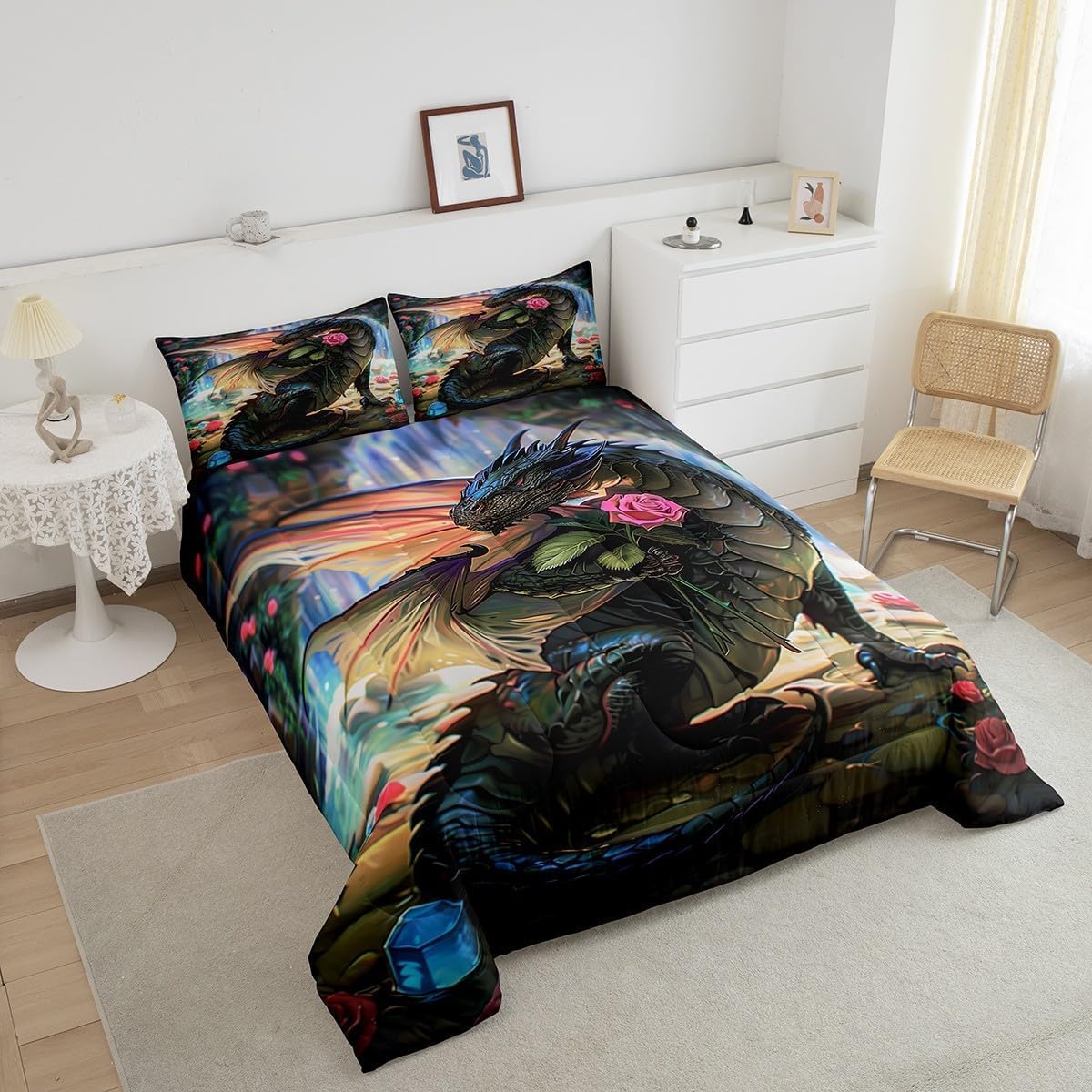 Erosebridal 3D Dragon Twin Comforter Set Magical Animal Bedding Set for Kids Boys Girls, Pink Rose Flower Bedding Comforter Sets Ancient Wildlife Duvet Set, Red Floral Quilted Comforter