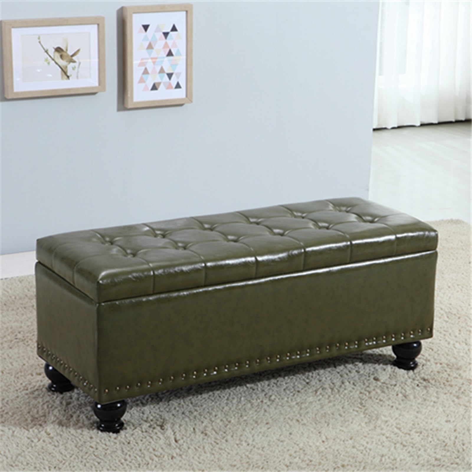 Versátil asiento de almacenamiento de zapatos verde oscuro para extremo de muebles de cama