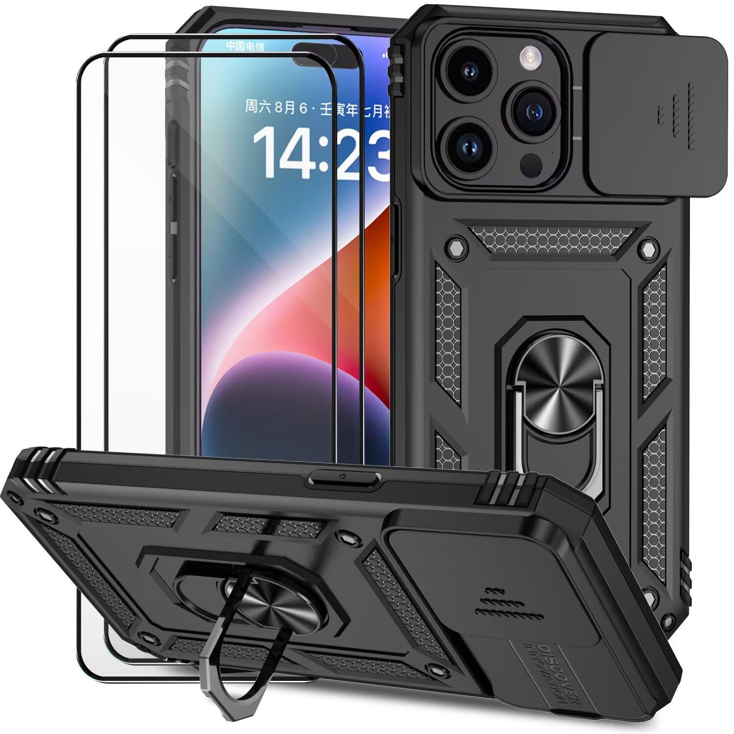 Cover per Iphone 15 Pro 6.1 Pollici con Vetro Temperato Custodia con Scorrevole Protezione Fotocamera Custodia Rotante Anello Supporto Antiurto TPU Bumper Custodie-Nero