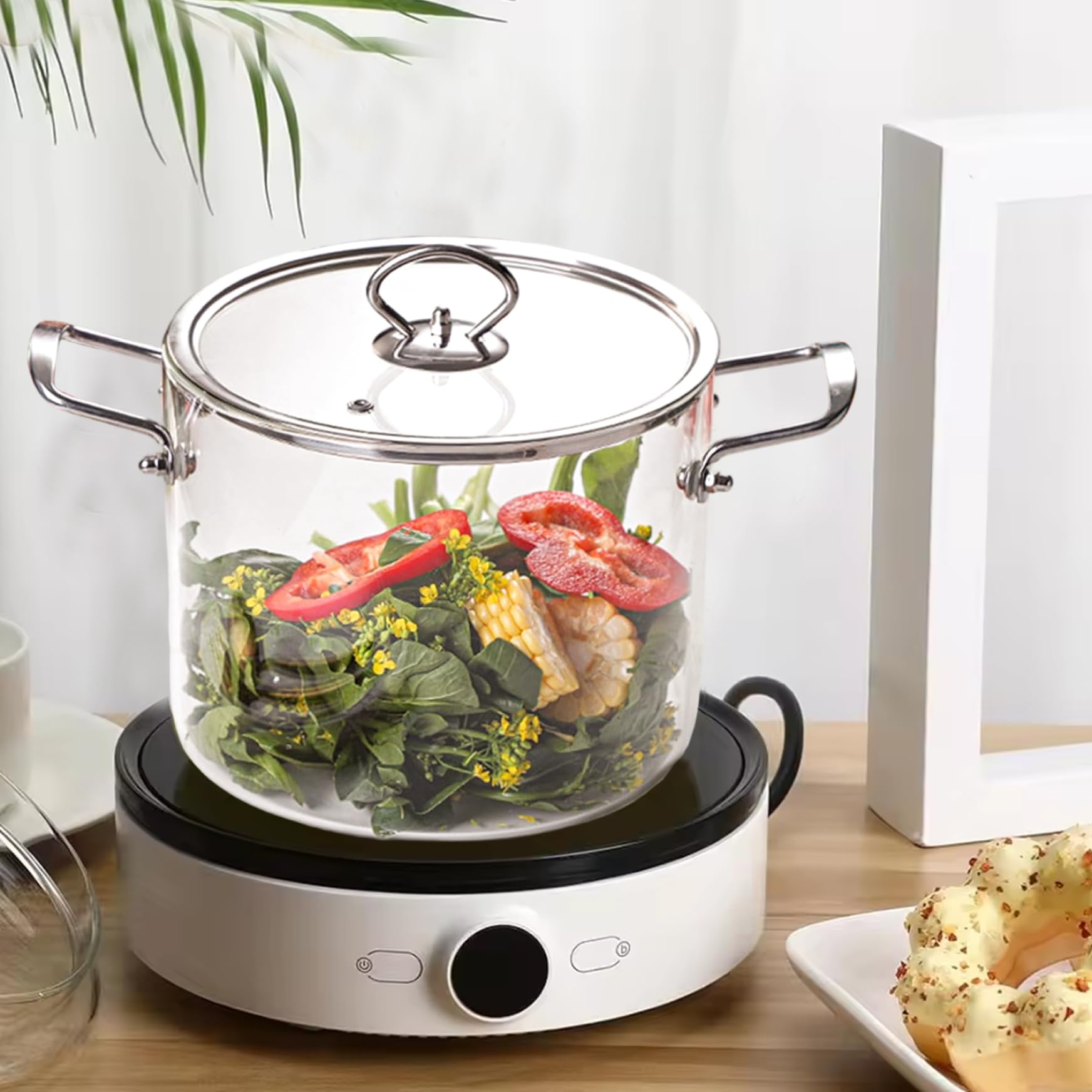 Glastopf mit Deckel, 4, 0 l transparenter Kochtopf mit doppeltem Edelstahlgriff, hitzebeständige Glastöpfe zum Kochen von Nudeln, Nudeln, Suppe, Milch, Kochtopf