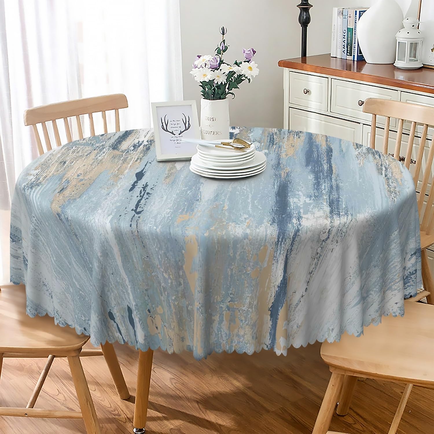 Modern Aesthetic Stripe Round Tablecloth 70 Inch Gray Blue Brown Contemporary Abstract Painting Fabric Table Cloth Waterproof and Stain Resistant Table Cover for Kitchen Dining Room Home Decor