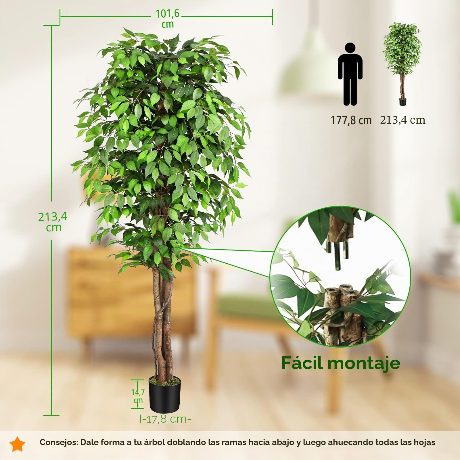 Planta Artificial Ficus 210cm Alta con Tres Varas de Madera Natural, Planta Artificial Grande con 1760 Hojas, Plantas Artificiales Interior Decorativas para Oficina Hogar DEC