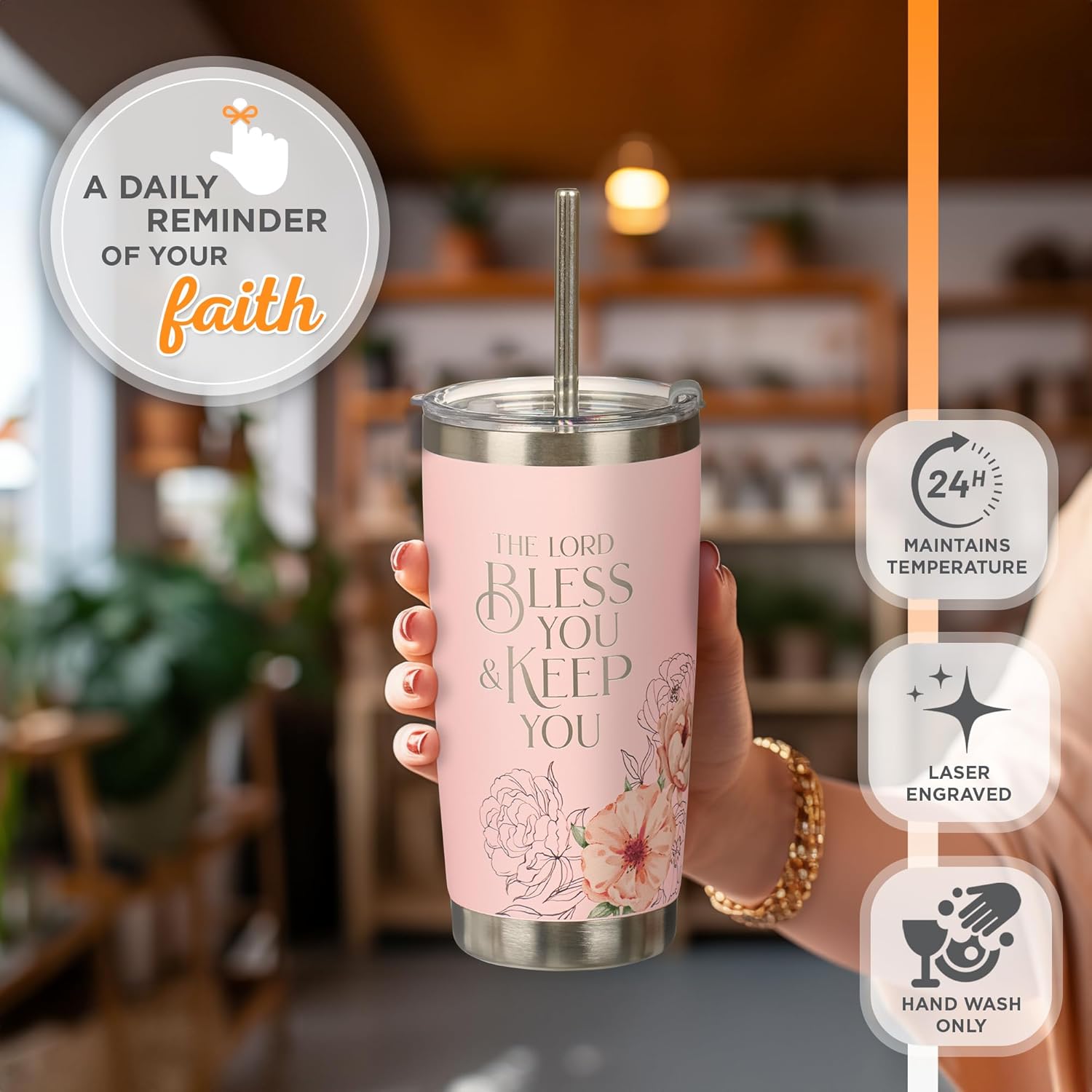 Christian Art Gifts Reusable Stainless Steel Scripture Travel Mug Tumbler w/Straw for Women: Bless You & Keep You Bible Verse, Double Wall Vacuum Insulated, Pop-up Lid, Hot/Cold, Pink Floral, 18 oz. - Image 4