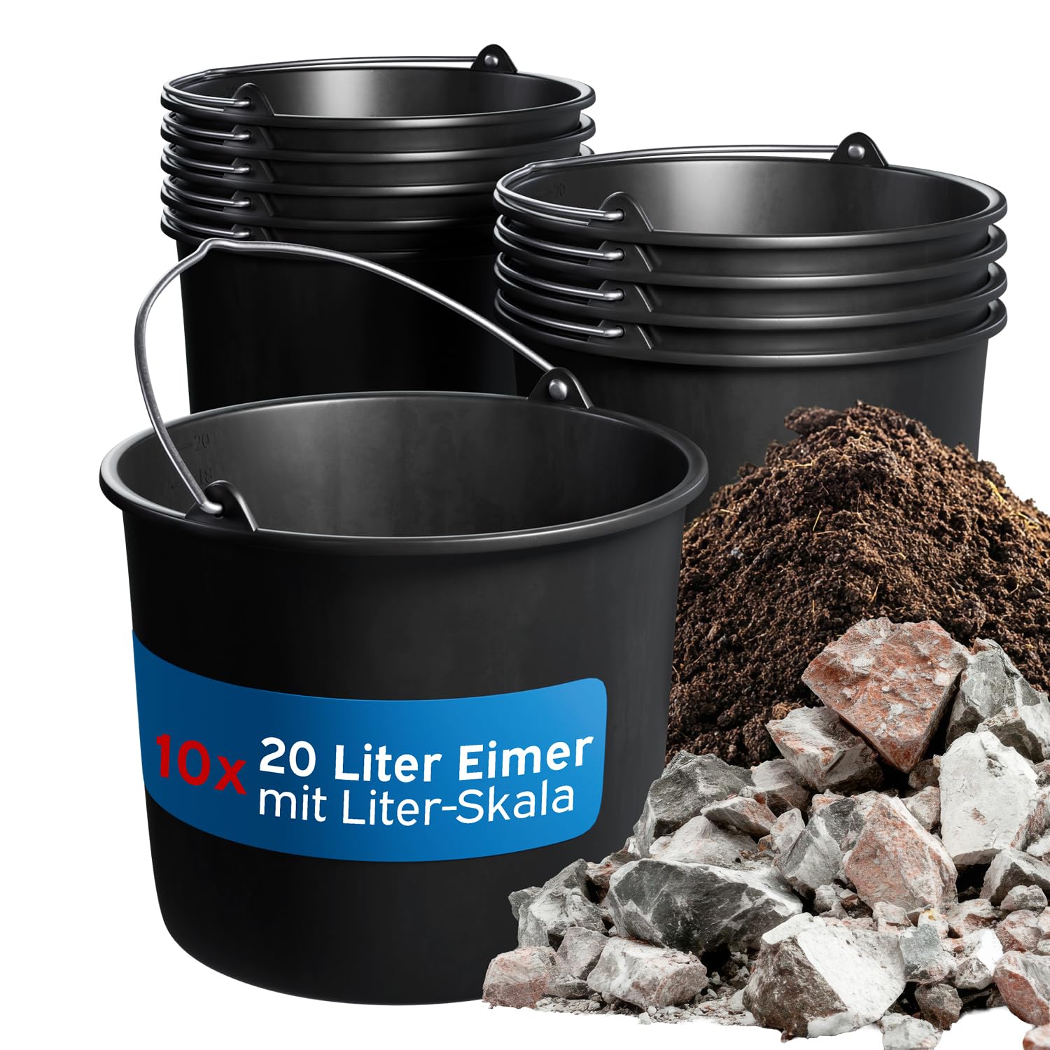 kör4u Lot de 10 seaux de construction 20 L noirs avec poignée métallique robuste, seau à mortier rond en LDPE - pour le BTP, le jardin, la maison et l'artisanat
