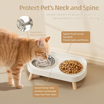 fanado Raised Cat Bowl, Elevated Cat Food and Water Bowl Set for Indoor Cats, Splash Proof with 2 Stainless Steel Pet food Bowls for Cats and Puppies, Whisker Fatigue and Dishwasher Safe - White