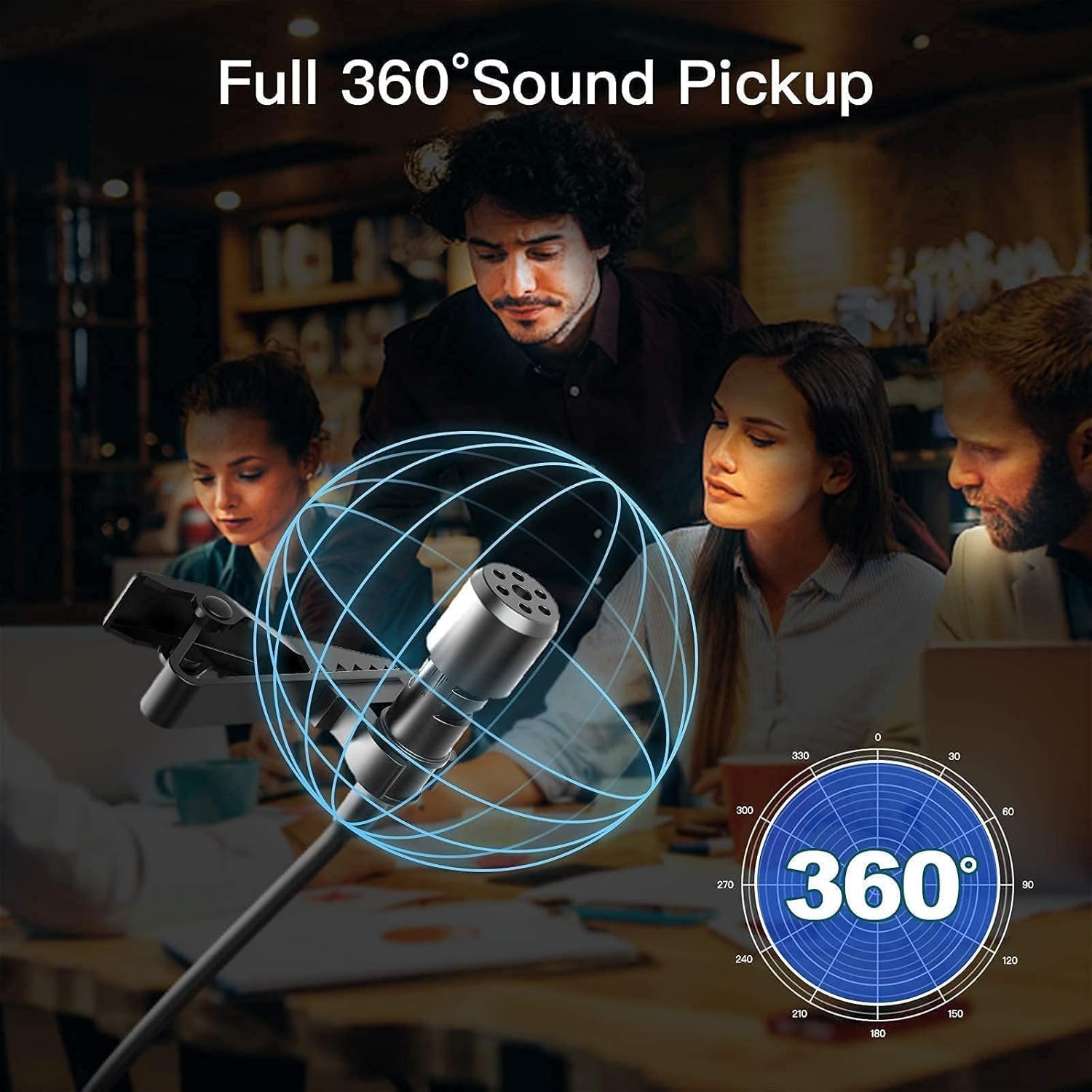 Diagram illustrating the 360-degree sound pickup pattern of the Moman S8 microphone, with a globe-like representation around the microphone and a polar chart showing uniform sensitivity in all directions.