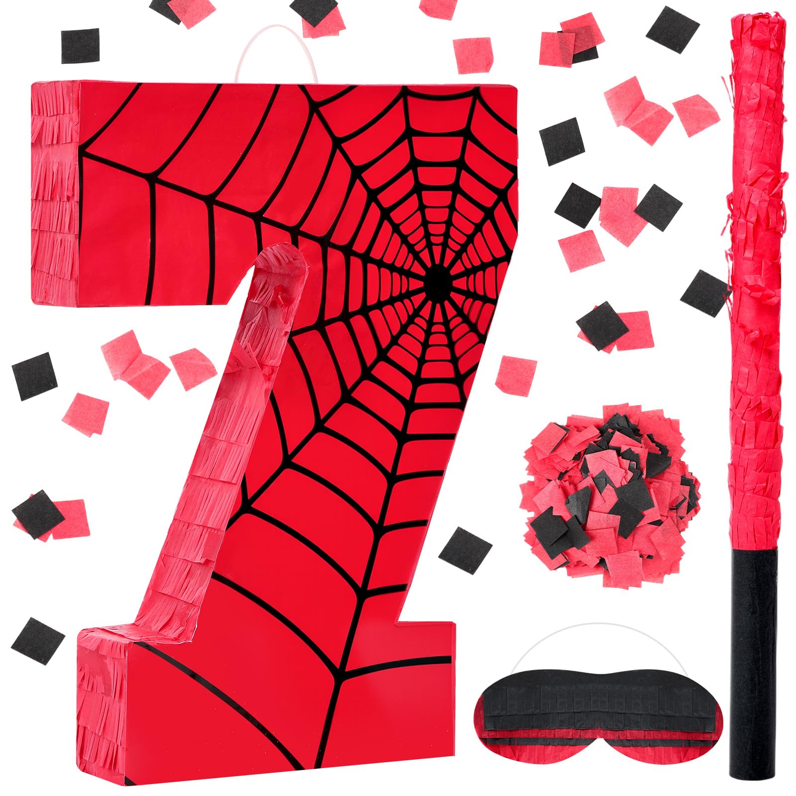 Simgoing Number 7 Spider Web Piñata Bundle with Blindfold Small Piñata for Kids Birthday Party Decoration Mexican Fiesta Cinco De Mayo Anniversary