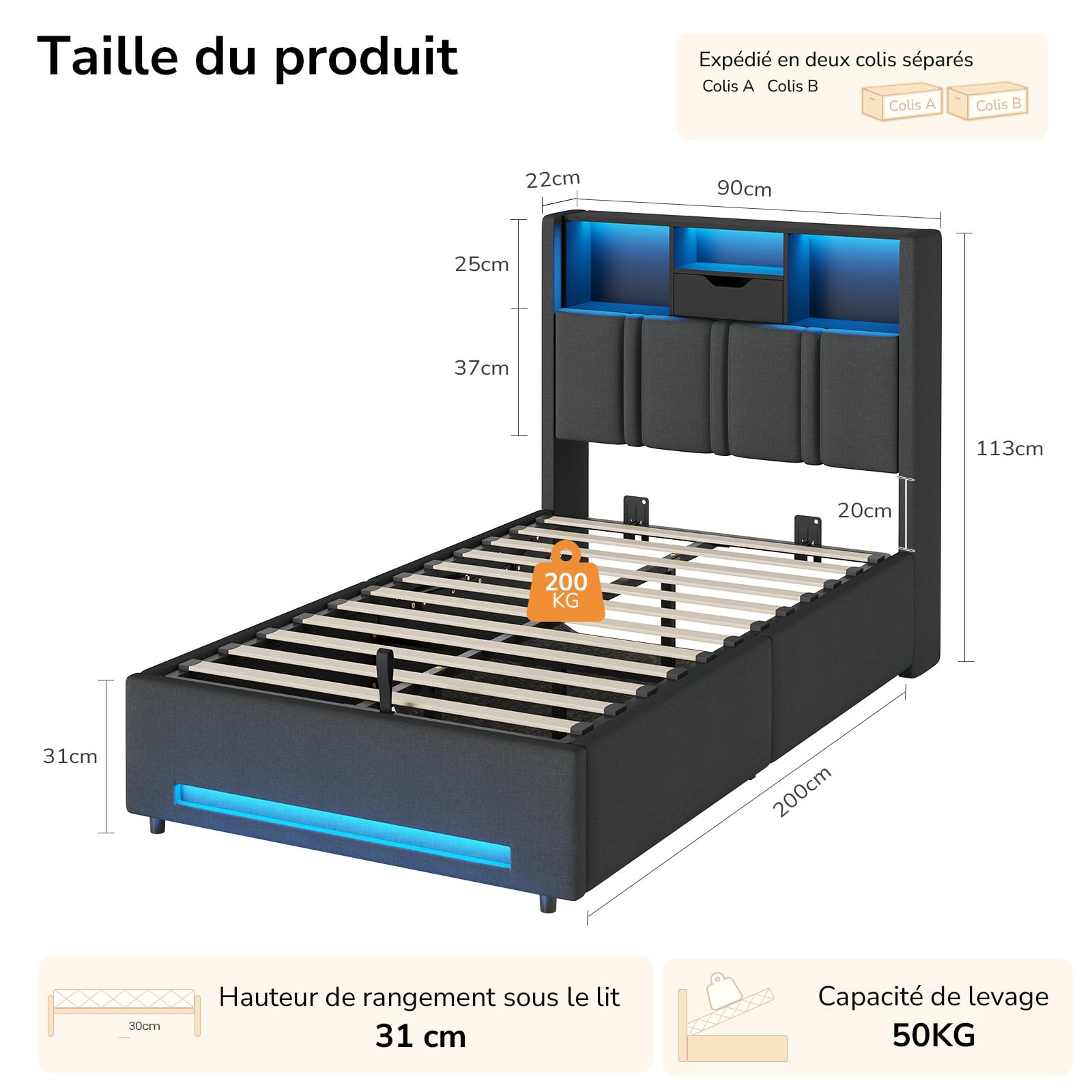 DICTAC Lit Coffre 90x200 Entièrement Rembourré 90x200 Gris avec Rangement – Sommier Relevable à Vérin, Tête de lit LED & Prises USB/Type-C – pour Enfant, Ado, Adulte