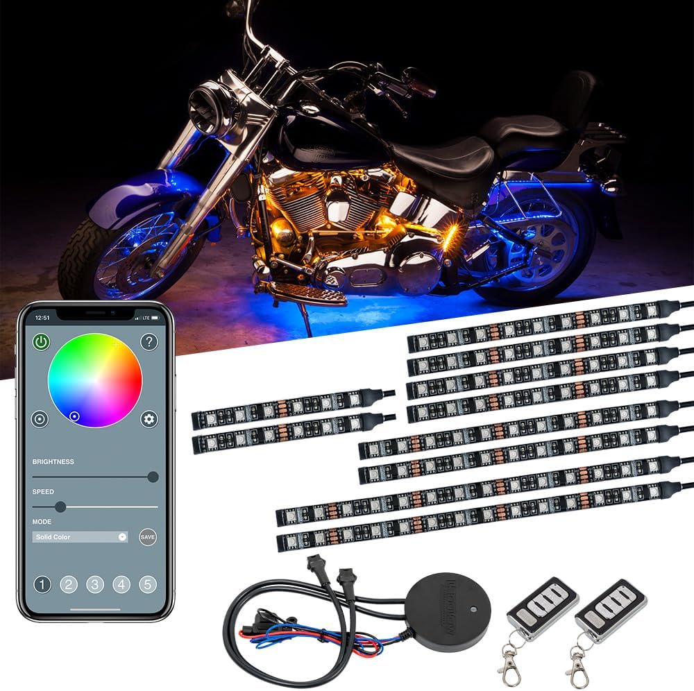 LEDGlow 10pc Bluetooth Advanced Million Color LED Motorcycle Accent Underlow Lighting Kit - Smartphone App - Dual Zone & Brake Lights Feature - Waterproof Control Box - Multi-Color Flexible Strips