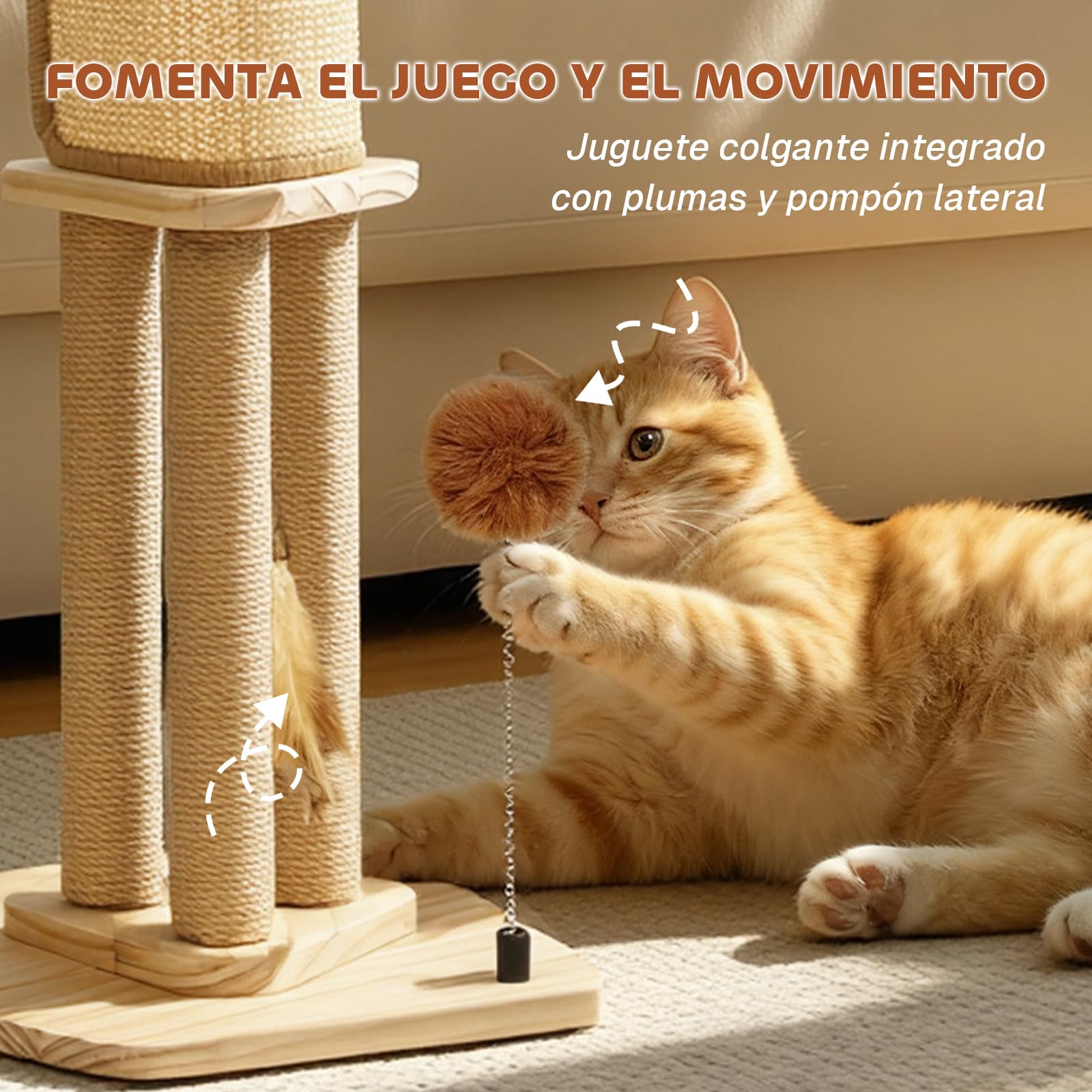 Pawtasy Rascador 67 cm Sisal con Pelota y Plumas para Gatos Interior | Rascador de sisal natural, estable y moderno, con pelota de peluche y plumas, pequeño árbol para gatos de interior
