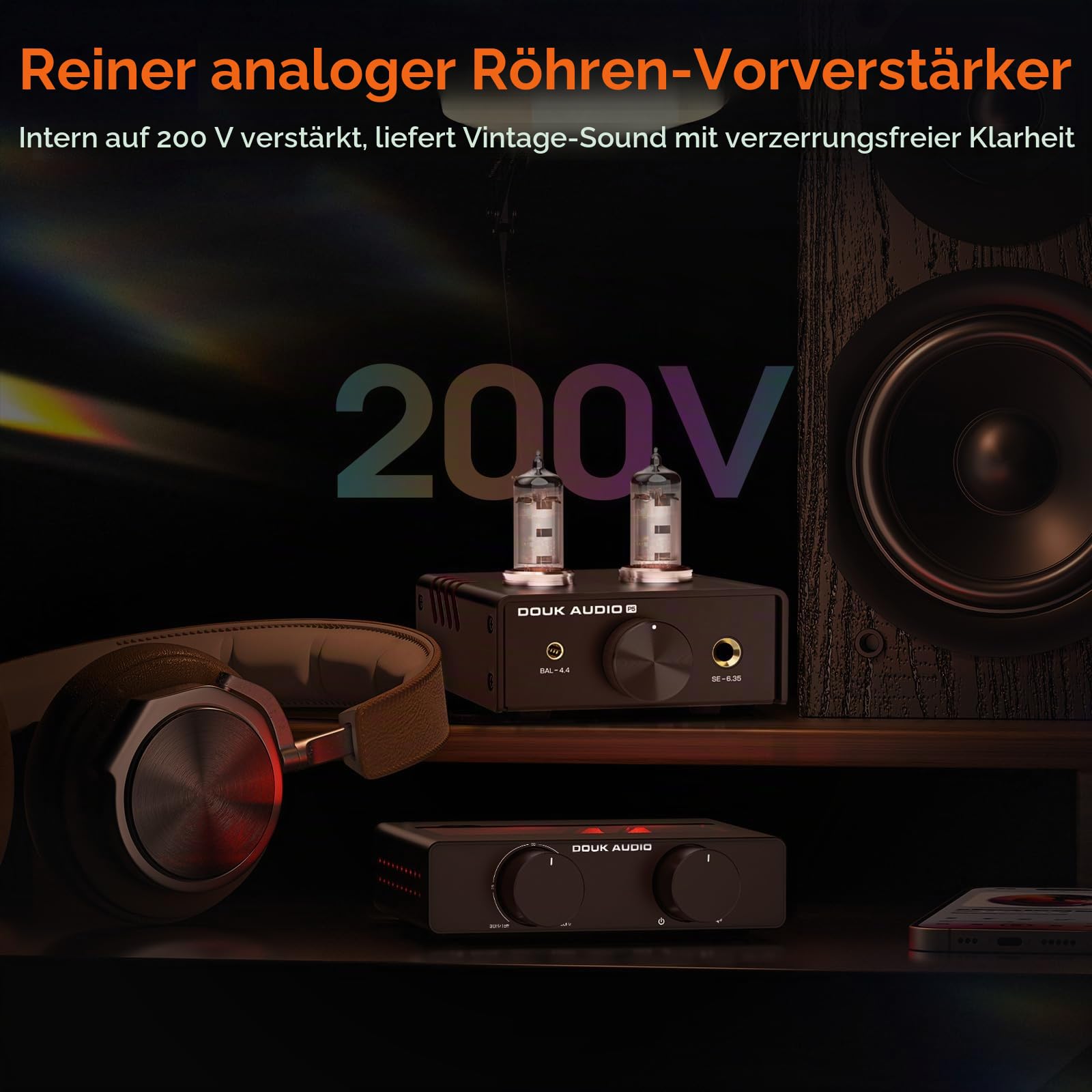 Douk Audio Mini Röhren Kopfhörerverstärker: Desktop Stereo HiFi-Vorverstärker mit 4,4/6,35-mm Buchse, Unterstützt 16-600 Ohm Impedanz (Aluminiumlegierung)