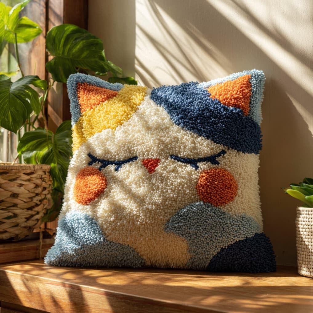 kitphoenix DIY Hand Crochet Pillow Kit,Cat 43X43Cm Aesthetic Knitted Cushion Making Material Set,Beginner Friendly with Full Tutorial, Stylish Room Home Decor