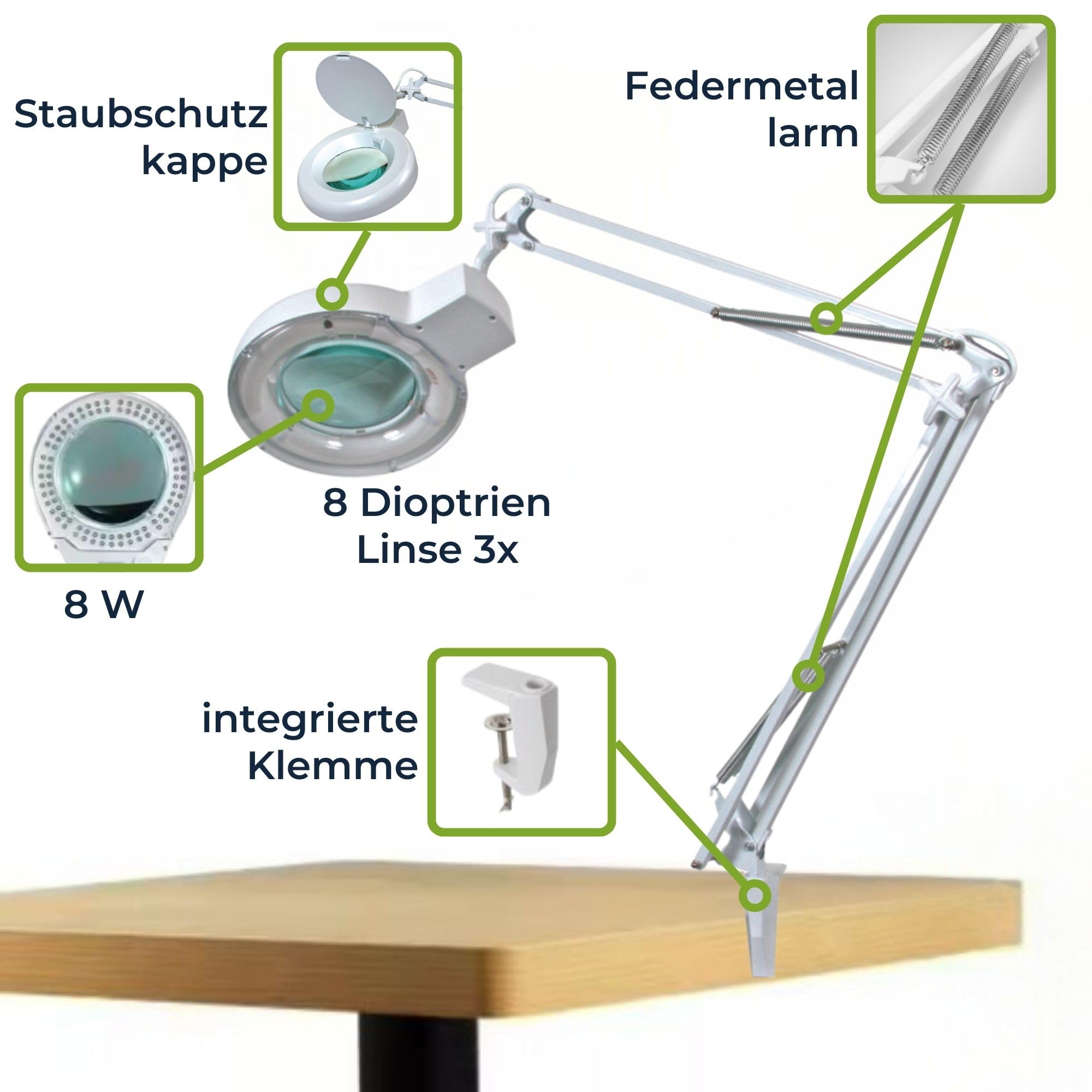 Velleman LED Lupenleuchte mit Klemme, 8 W Lupenlampe, 60 LEDs, 3X Vergrößerung, 8 Dioptrien Linse 127 mm, 6500 K Tageslicht, für Lesen, Diamond Painting, Hobby, Beauty und Präzisionsarbeit