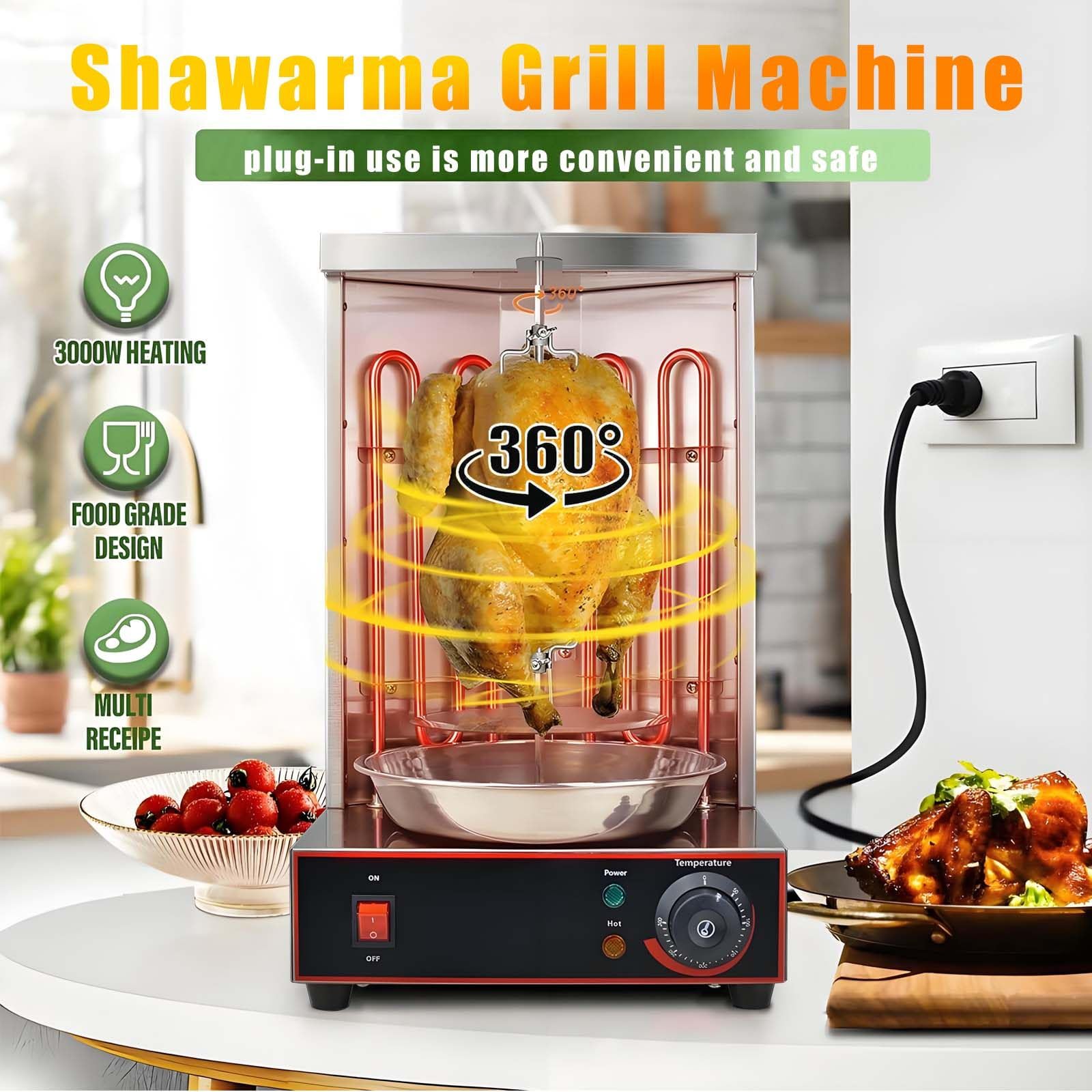 Four à Dinde Rotatif Vertical Et Gril à Shawarma - 3000 W, Chauffage éLectrique Professionnel Uniforme De 50 à 300 °C, Rotation Automatique, Hauteur RéGlable, Acier Inoxydable, pour Gyros