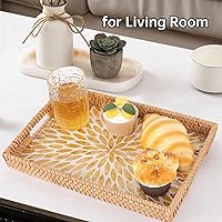 Vista 5 de Rectangle Rattan Tray with Mother of Pearl Inlay, Rattan Serving Tray with Handle for Coffee, Bread, Fruits, Snacks, Decorative Wicker Tray for