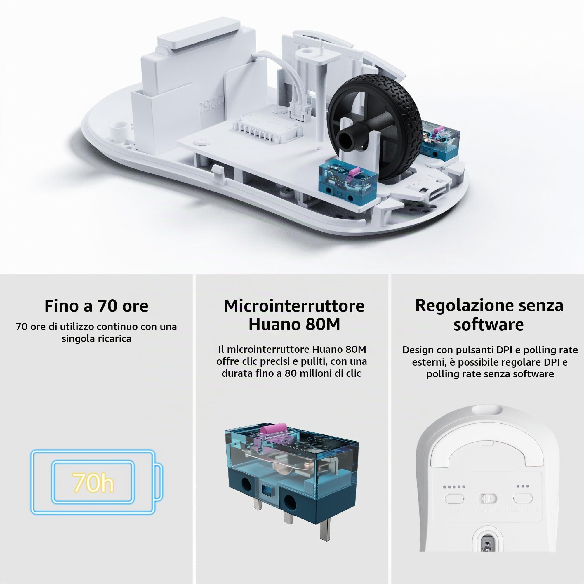 Keychron M3 Mini Mouse Ottico Senza Fili Bluetooth 5.1/2.4 Ghz/Wired Gaming Mouse, Sensore PixArt 3395 Programmabile fino a 26.000 DPI/650 IPS, Leggero Ergonomico per Windows Mac Linux - Bianco