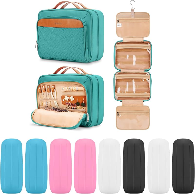 COOSKY Necessaire suspensa para viagem com compartimento para joias, gancho metálico e alça para mala, azul